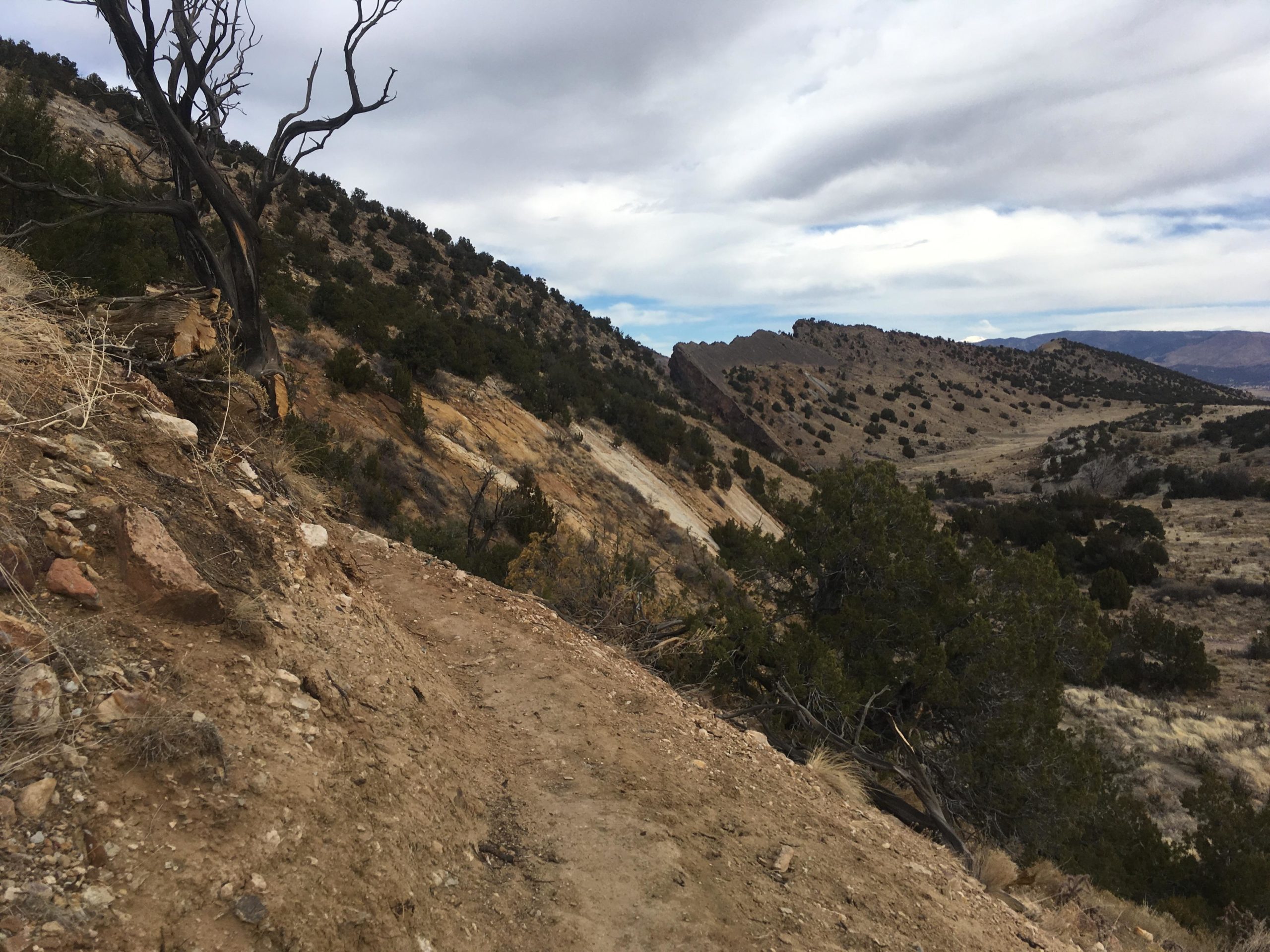 A scenic view of a rugged landscape with a dirt path winding along a sloped terrain. The foreground features dry soil and scattered rocks, while in the background, gentle hills and a distant mountain range are visible under a cloudy sky. A few sparse trees dot the hillsides, adding to the natural beauty of the scene. South Canon Trails mountain bike trail.