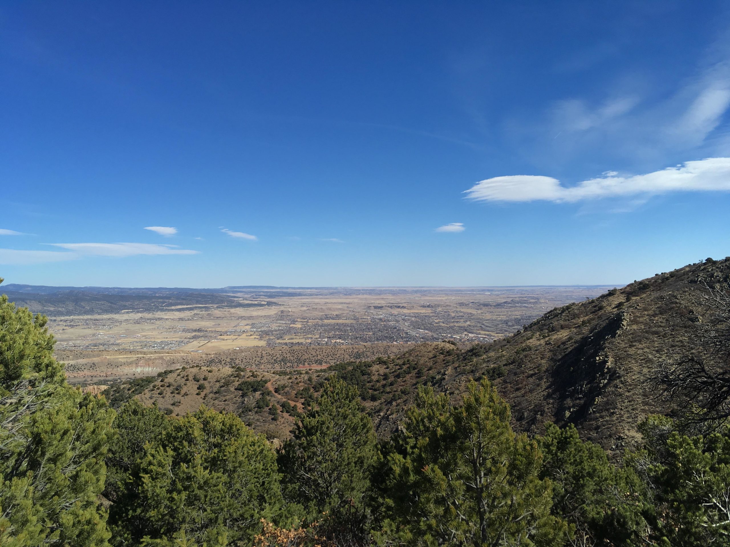 A panoramic view of a mountainous landscape, featuring rolling hills and a vast valley below, under a clear blue sky with a few wispy clouds. Pine trees are visible in the foreground, framing the scene. Royal Gorge Park Trail System mountain bike trail.