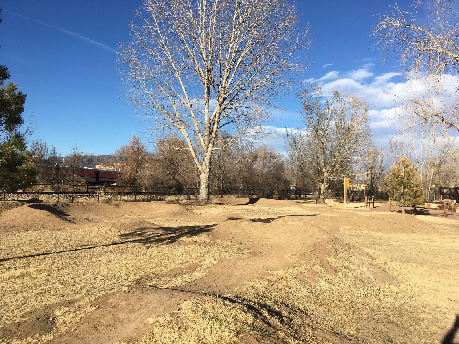 A sunny outdoor park scene featuring a large, leafless tree and various smaller trees, set against a clear blue sky. The landscape includes gentle dirt hills and patches of dry grass, with a fenced area in the background. A children's play area is visible to the right, providing a recreational space. Royal Gorge Park Trail System mountain bike trail.