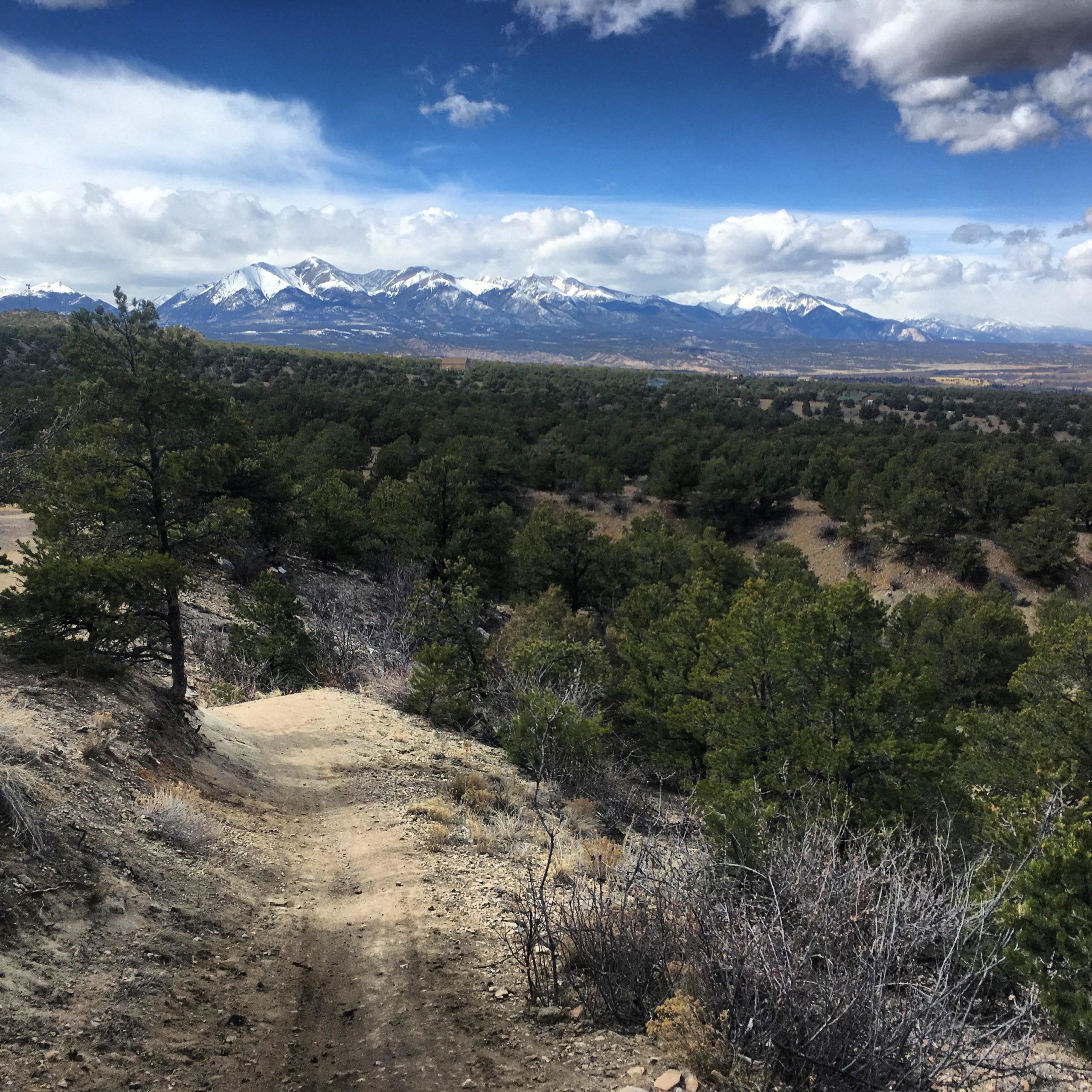 A scenic view of a mountainous landscape featuring snow-capped peaks under a blue sky with scattered clouds. In the foreground, a dirt trail winds through a patch of greenery, including pine trees and shrubs, leading down from a rocky hillside. The expansive view reveals a valley filled with more trees and mountains in the distance. Little Rainbow mountain bike trail.