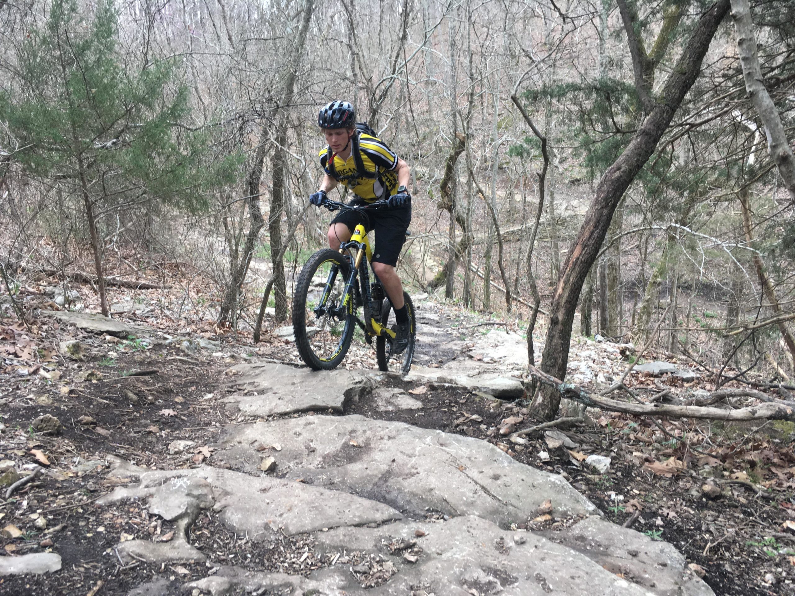 A mountain biker navigating a rocky trail through a wooded area, showcasing skills and balance while riding a yellow bike. The surroundings feature bare trees and scattered leaves, indicating a late autumn or early spring setting. Coler Mountain Bike Preserve mountain bike trail.