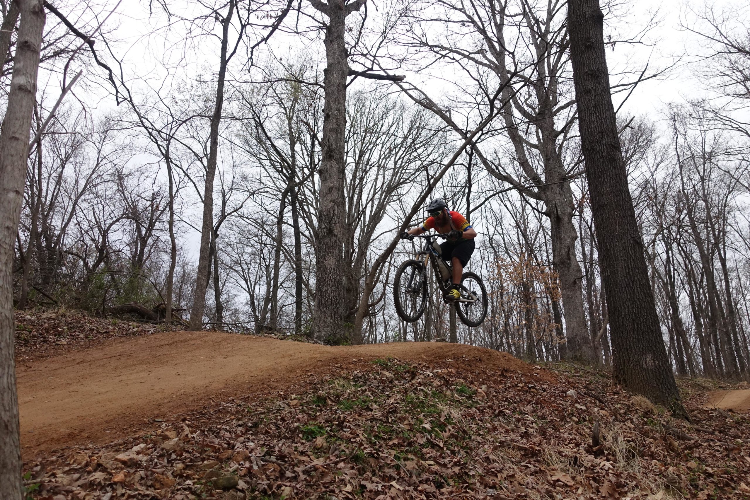 A mountain biker performing a jump over a dirt ramp on a trail surrounded by bare trees, with fallen leaves on the ground and a cloudy sky overhead. Slaughter Pen Trail mountain bike trail.