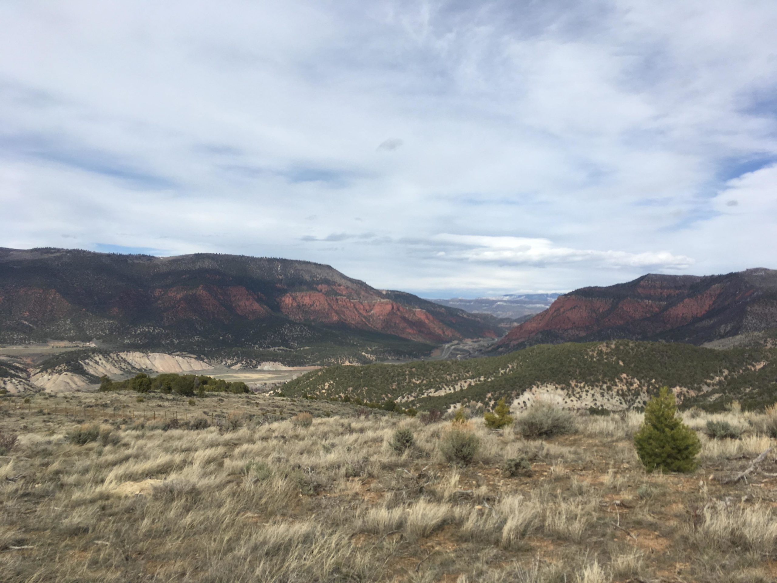 A panoramic view of a mountainous landscape featuring red rock formations, lush green vegetation, and a cloudy sky. The foreground includes dry grass and shrubs, while the distant mountains exhibit a variety of colors and textures, creating a scenic vista. The Boneyard mountain bike trail.