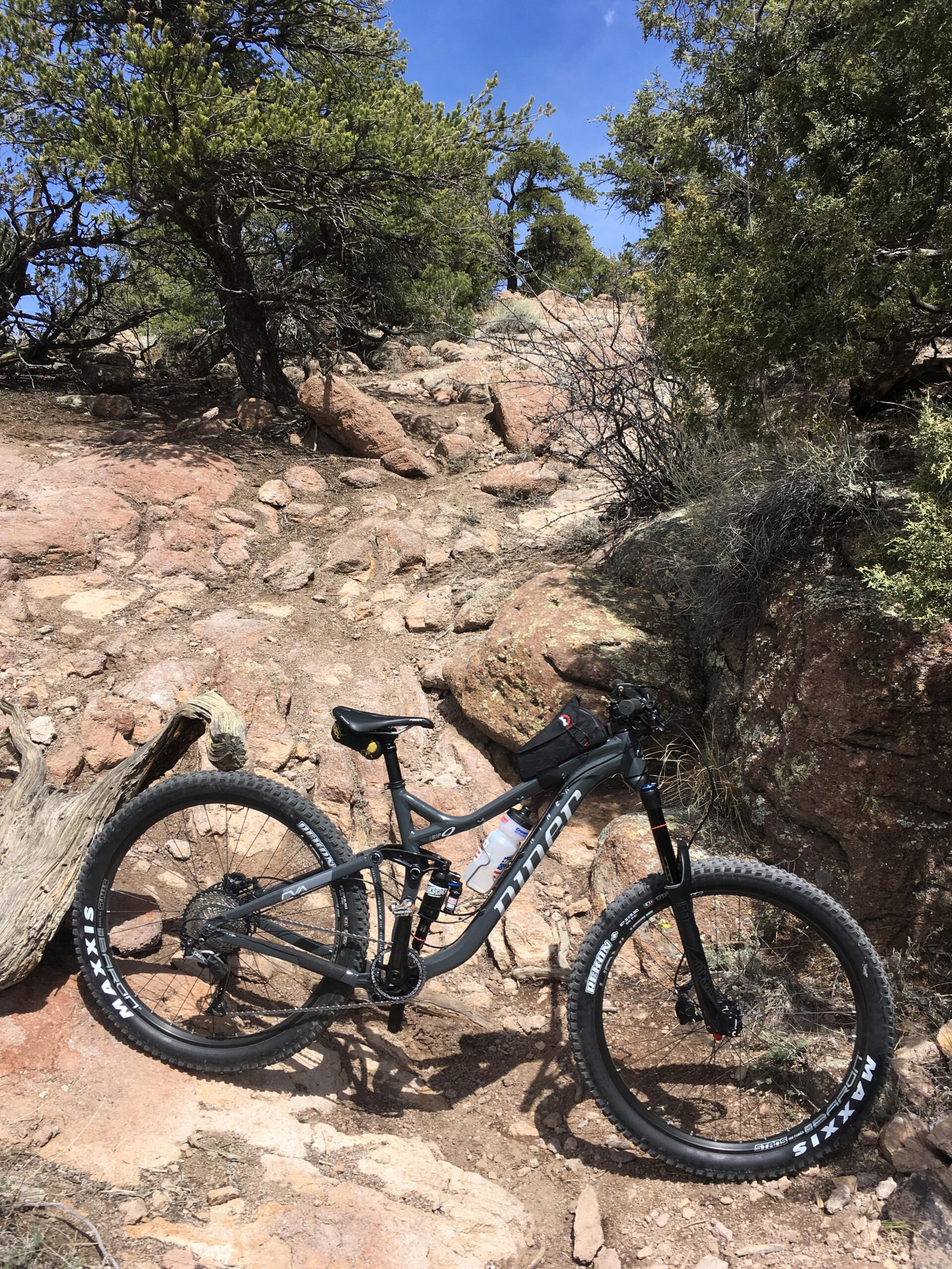 Niner RIP 9: A black mountain bike is positioned on a rocky trail surrounded by sparse vegetation and trees. The terrain features a mix of dirt and stones, indicating a challenging bike path. The sky above is clear with a few clouds, suggesting a sunny day.