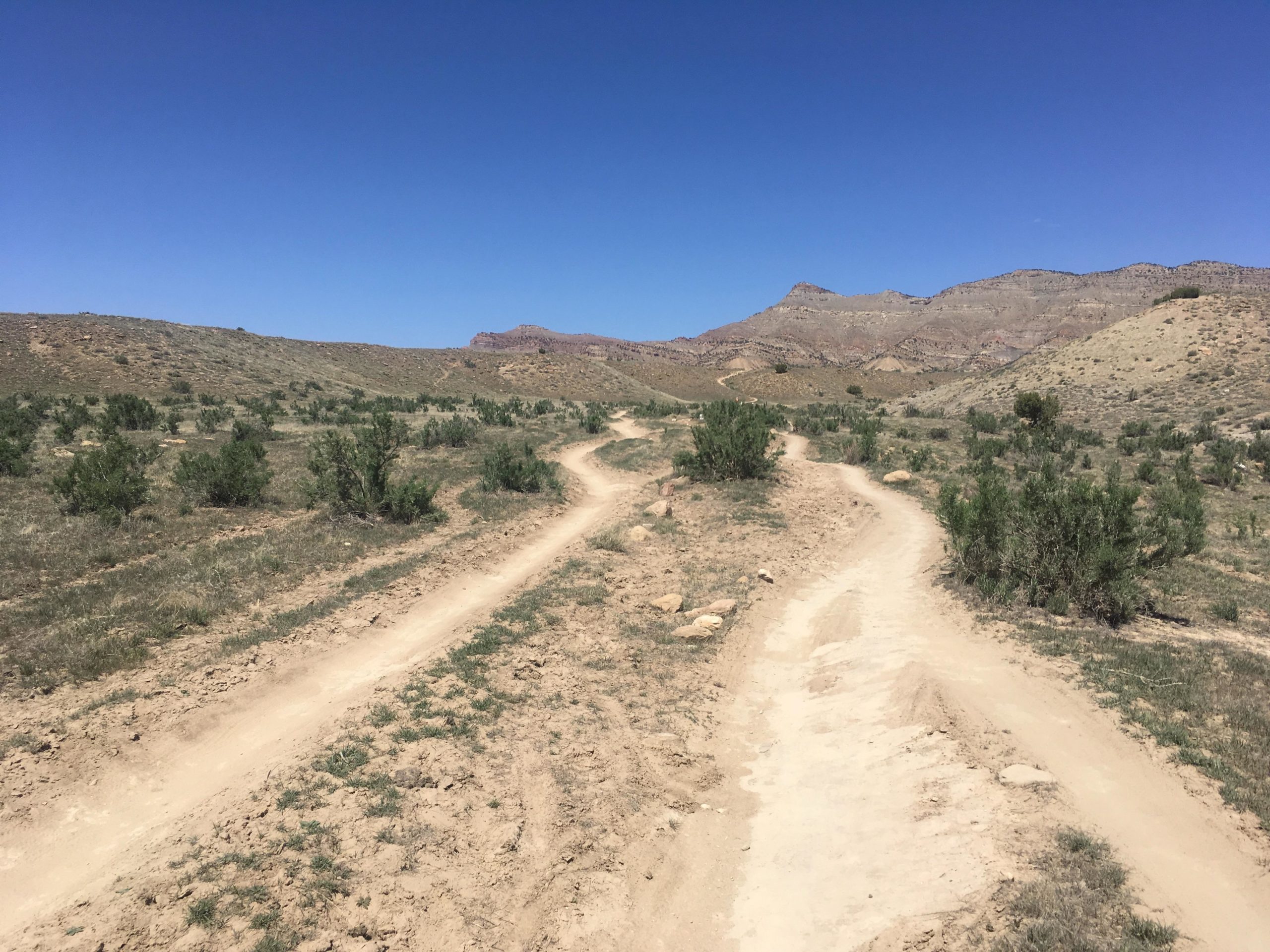 A winding dirt path leads through a sparse landscape of dry grass and low shrubs, with rocky hills in the background under a clear blue sky. 18 Road Trails / North Fruita Desert mountain bike trail.