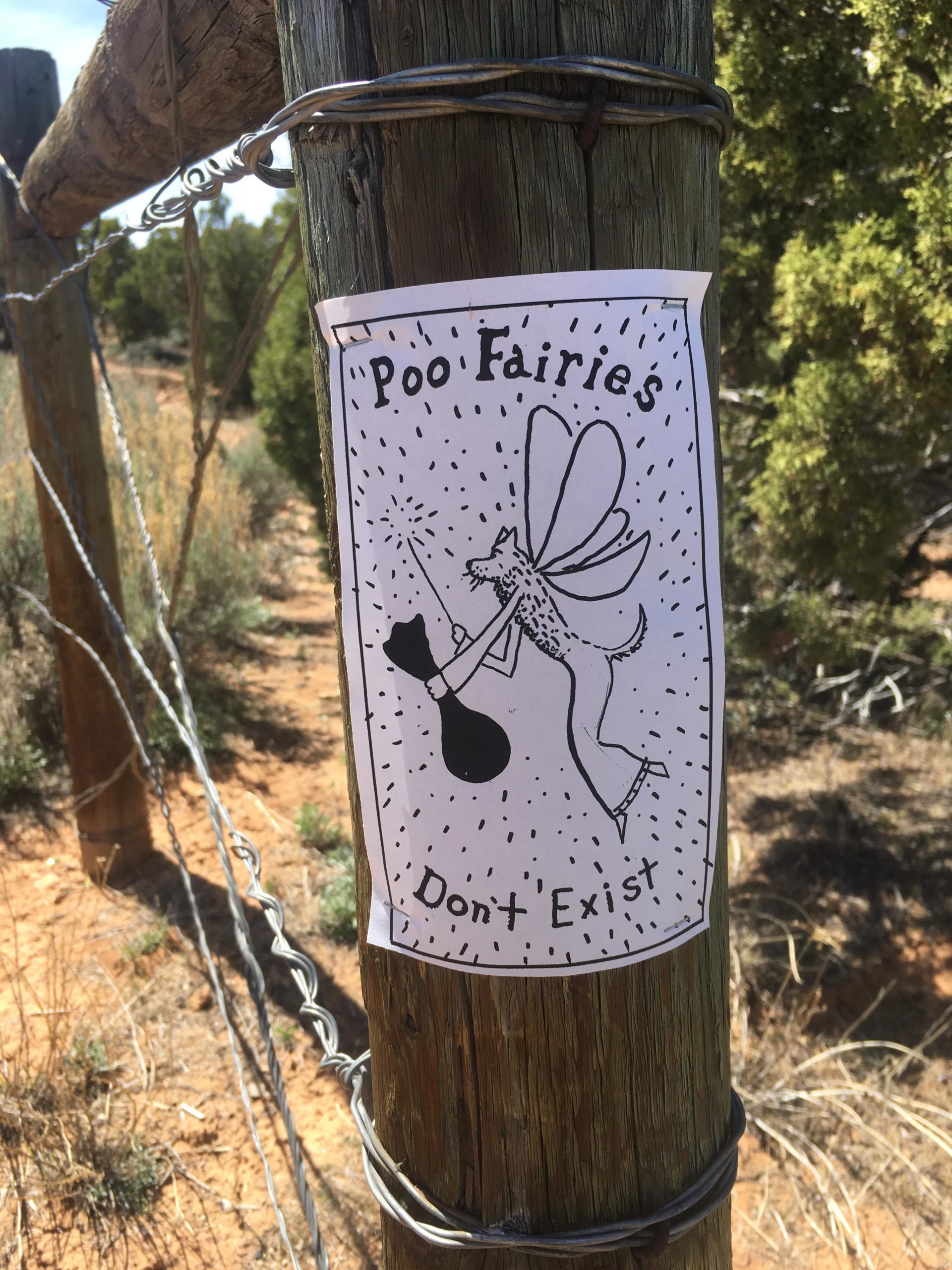 A wooden fence post with a hand-drawn sign attached that reads "Poo Fairies Don't Exist." The illustration shows a whimsical fairy collecting waste in a bag, set against a natural background featuring shrubs and dirt. The Ribbon mountain bike trail.