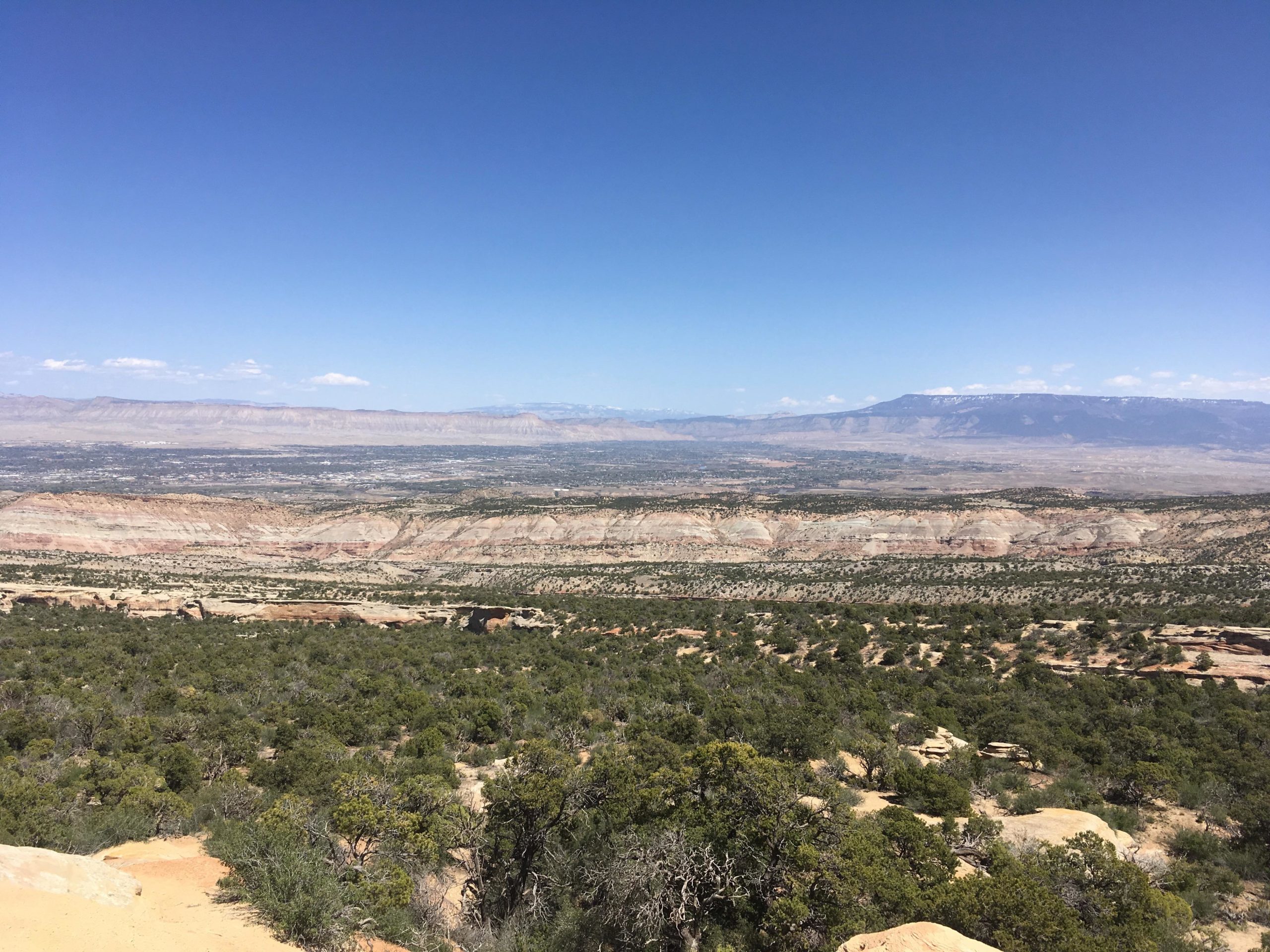 A panoramic view of a vast landscape featuring layered hills and valleys under a clear blue sky, with scattered trees in the foreground and distant mountains in the background. The Ribbon mountain bike trail.