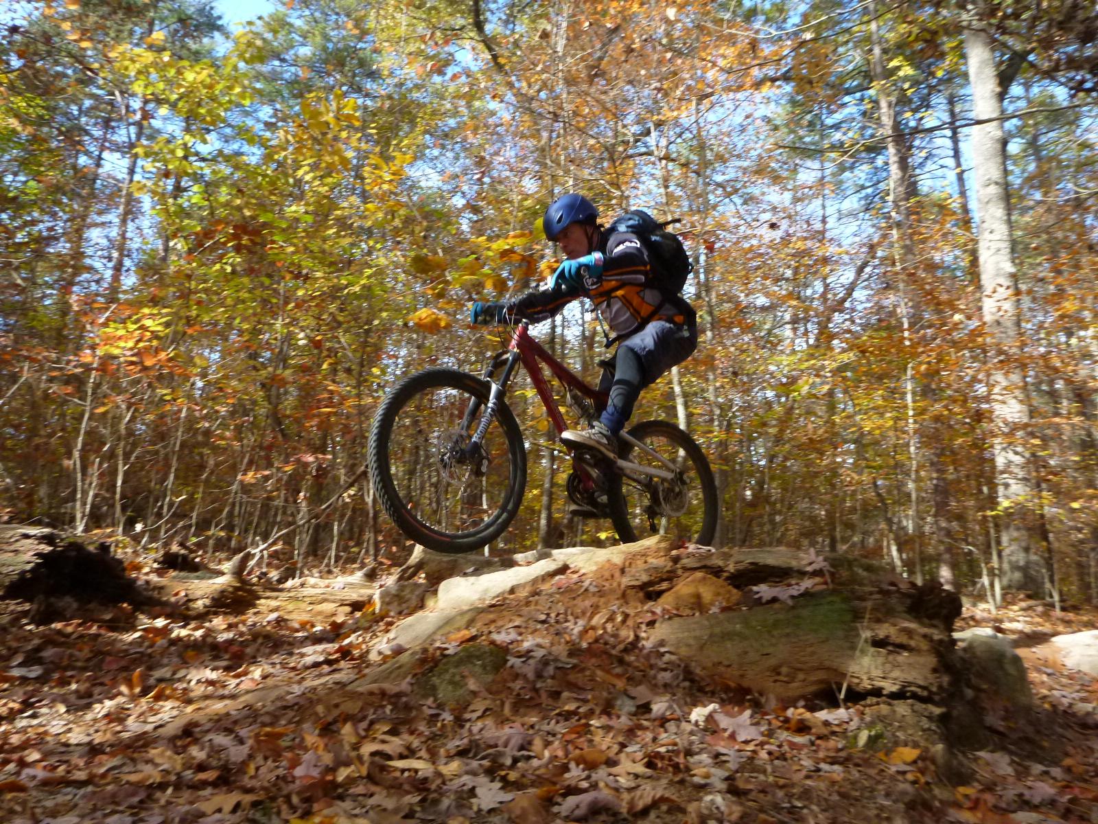 A young person dressed in protective gear is riding a mountain bike over a rocky surface on a wooded trail surrounded by autumn foliage. The scene captures the excitement of mountain biking in a vibrant, natural setting with fallen leaves on the ground. Owls Roost (Bur-Mil Park) mountain bike trail.