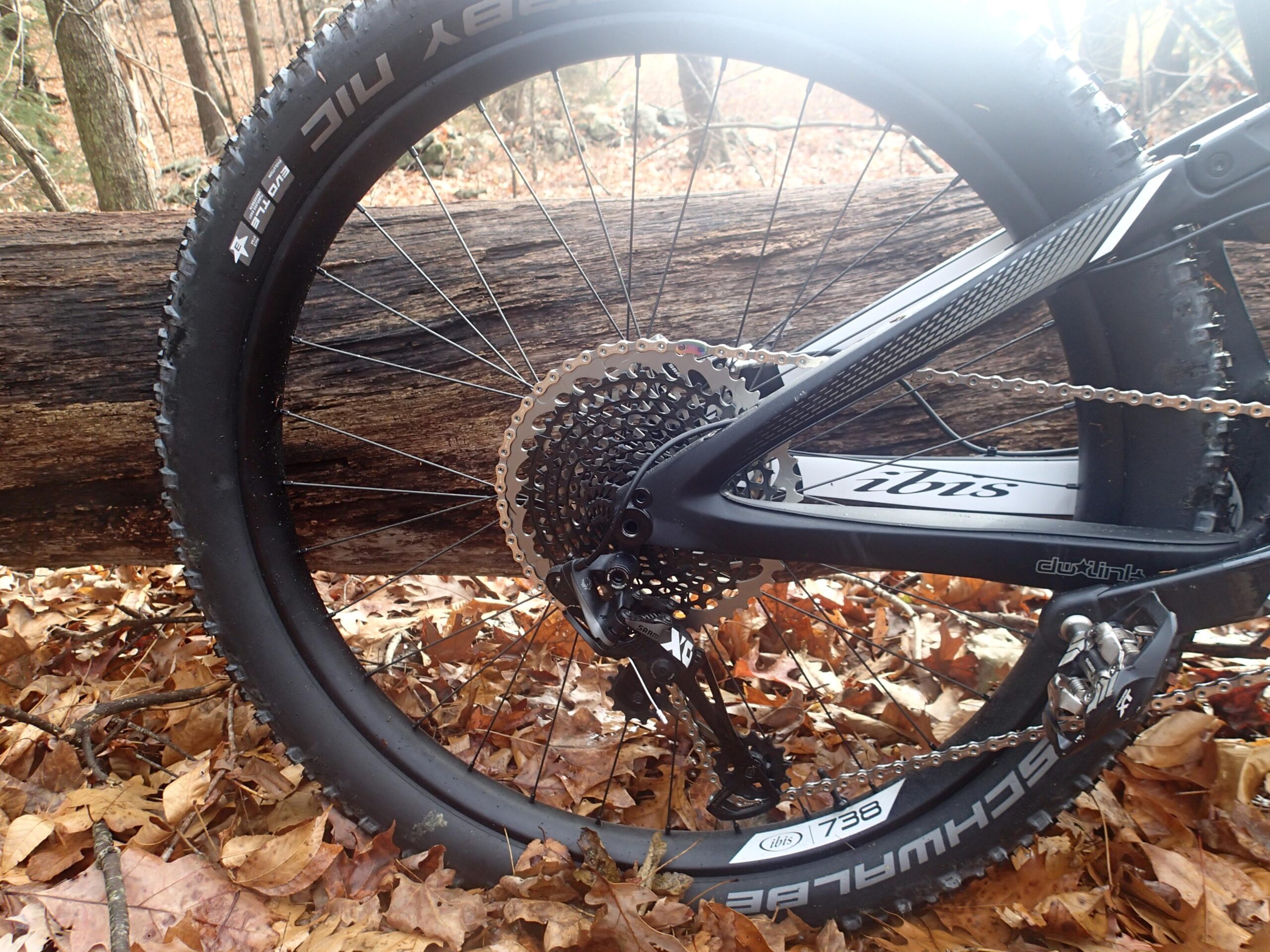 Ibis Mojo 3: A close-up view of a mountain bike wheel resting next to a fallen log in a wooded area, surrounded by fallen leaves. The image showcases the bike's rear derailleur and cassette, with visible details of the tire tread and bike frame.