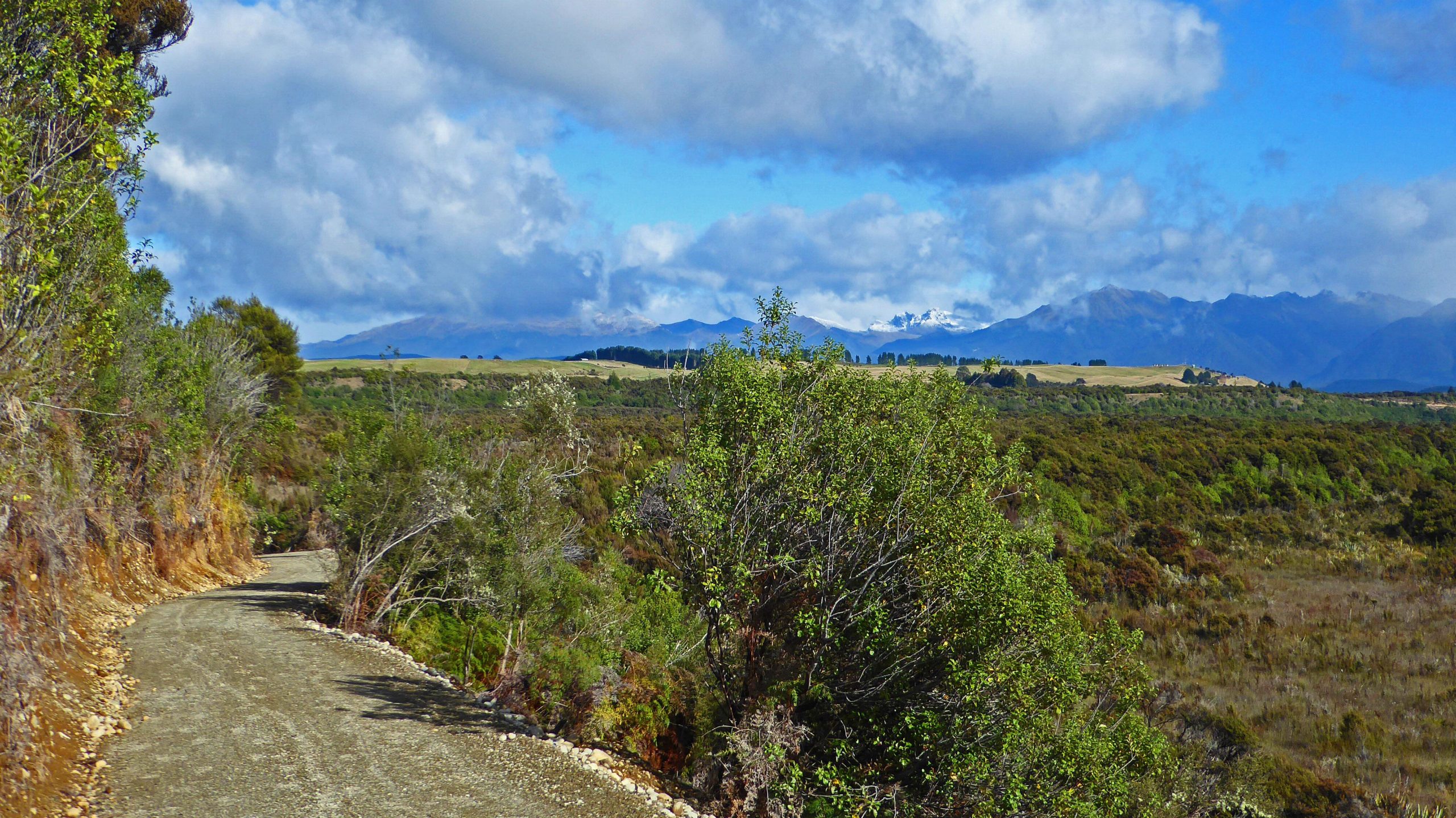 A scenic dirt road winding through lush greenery, with mountains in the background under a partly cloudy blue sky. The path leads into a natural landscape filled with shrubs and trees, creating a tranquil outdoor setting. Te Anau - Manapouri mountain bike trail.