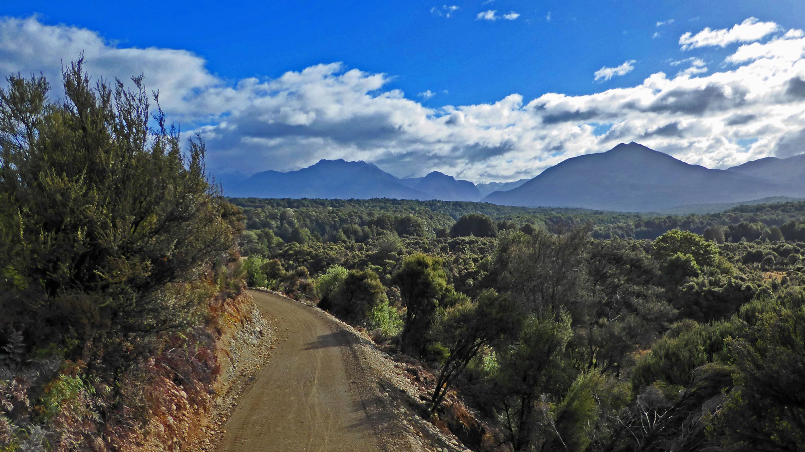 A winding dirt road runs through a lush green landscape, surrounded by dense vegetation and trees. In the background, towering mountains rise under a partly cloudy blue sky, creating a scenic view of nature. Te Anau - Manapouri mountain bike trail.