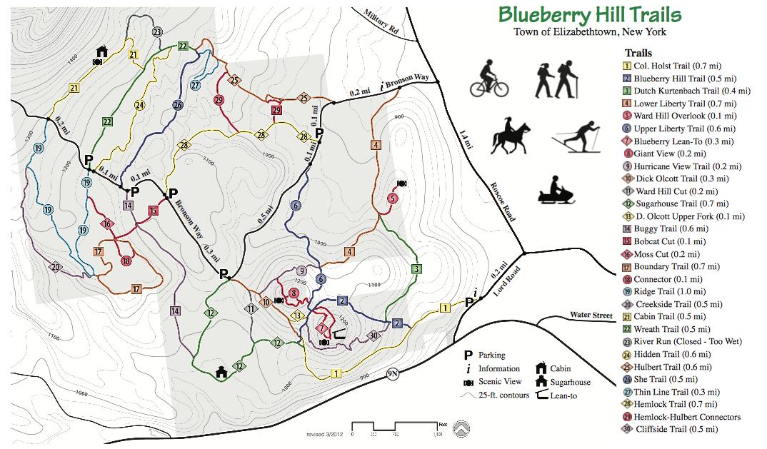 Map of the Blueberry Hill Trails in Elizabethtown, New York, showing hiking, biking, and horseback riding routes. The map includes trail names, distances, parking locations, and points of interest such as scenic views. Contour lines indicate elevation changes throughout the area. Blueberry Hill mountain bike trail.