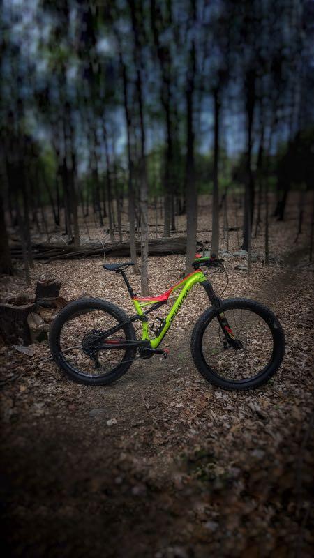 A brightly colored mountain bike with a green and red frame parked on a leaf-covered forest floor, surrounded by trees and wooden logs in the background. The image has a slightly blurred effect, emphasizing the bike in the foreground. Stewart State Forest mountain bike trail.