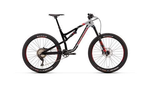 Rocky Mountain Altitude: A black and red mountain bike with large, knobby tires and a sturdy frame, positioned against a plain white backdrop. The bike features a suspension system and modern components, highlighting its suitability for off-road terrain.