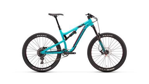 Rocky Mountain Altitude: A side view of a modern mountain bike with a turquoise frame, featuring wide tires, a front suspension fork, and disc brakes.