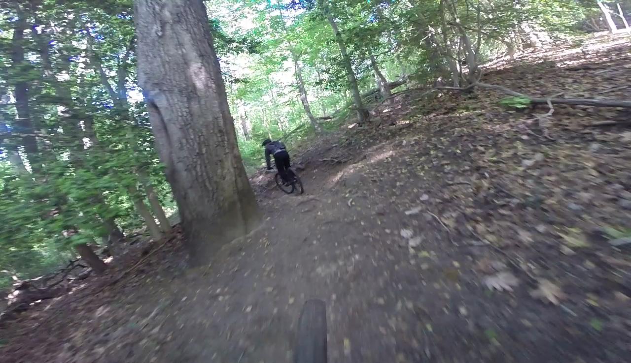 A mountain biker rides along a dirt trail through a lush, green forest, with sunlight filtering through the trees. The perspective is from the front of the bike, highlighting the tire and the surrounding nature, creating a sense of motion and adventure. Hartshorne Woods Park mountain bike trail.
