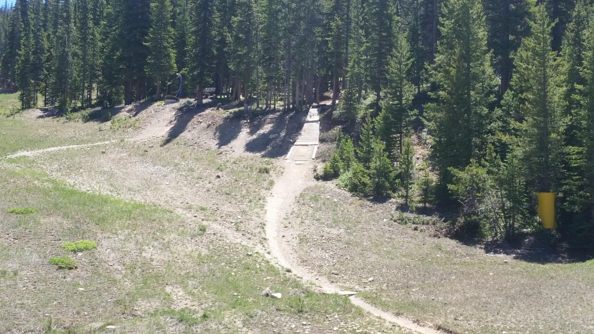 A dirt pathway winding through a grassy area, leading into a forest of tall pine trees. In the background, a wooden ramp or bridge extends from the forest edge, while a bright yellow object is partially visible among the trees. The scene is set in a clear, sunny environment. Keystone Resort Bike Park mountain bike trail.