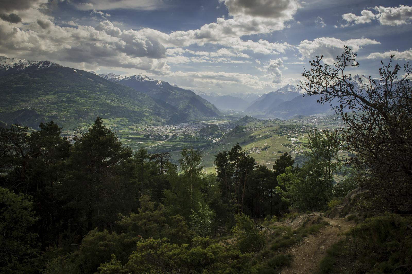Scott Genius: A panoramic view of a lush valley surrounded by snow-capped mountains under a partially cloudy sky. The foreground features a mix of evergreen trees and a dirt path leading through the greenery, while the valley below showcases fields and a small town nestled among the hills.