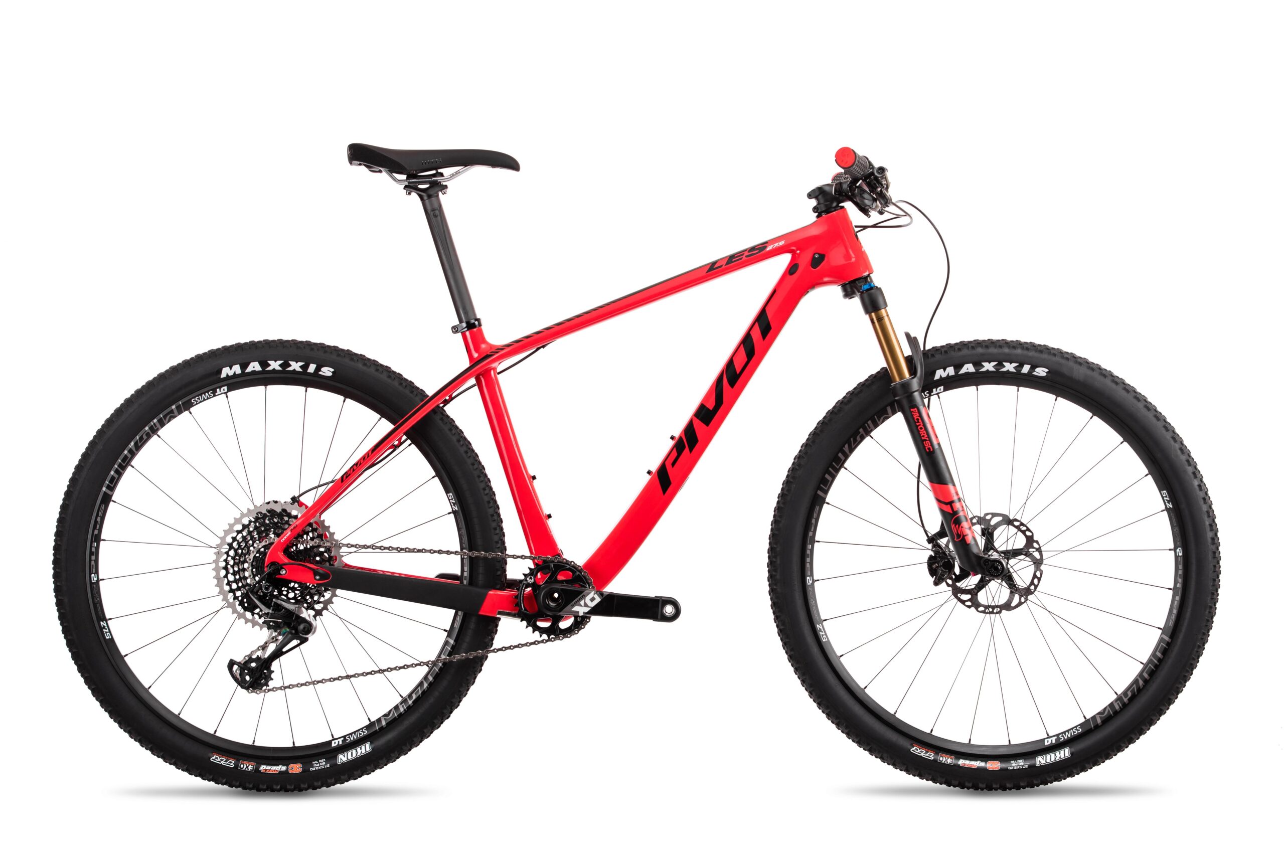 Pivot LES 27.5: A bright red mountain bike with a sleek frame design, featuring a carbon fiber body, high-performance components, and Maxxis tires. The bike is displayed against a white background, highlighting its modern design and technical features.