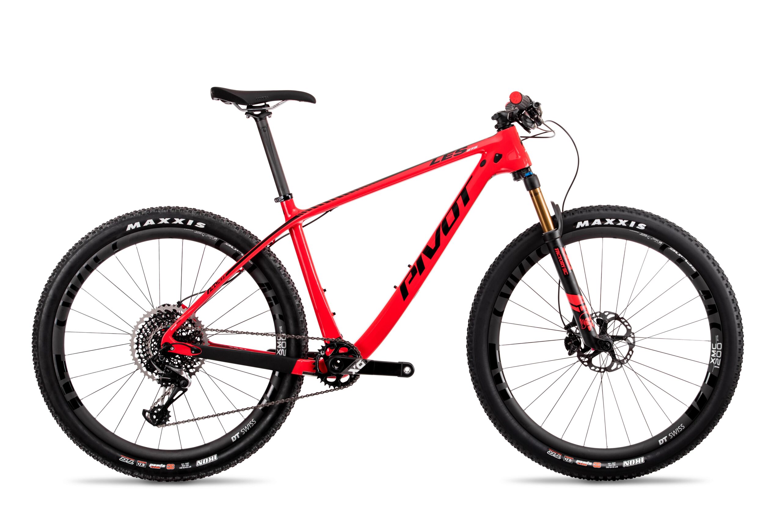 Pivot LES 27.5: A bright red mountain bike with a lightweight frame, featuring wide black tires labeled "MAXXIS," a suspension fork, and a modern gearing system. The bike's design emphasizes performance, suitable for off-road riding, with a sleek and aerodynamic look.