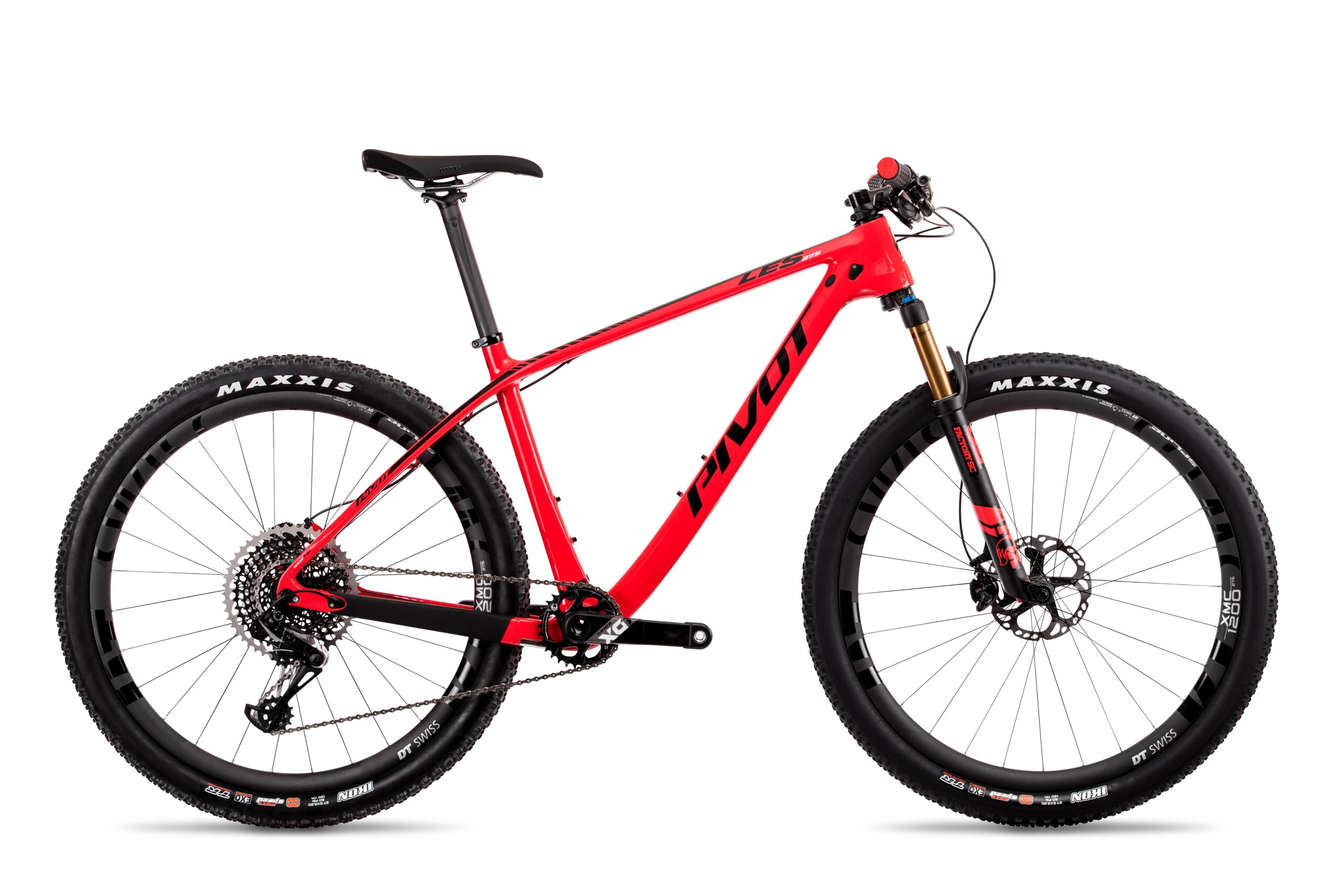 Pivot LES 27.5: A bright red mountain bike with a sleek design, featuring a lightweight frame, wide tires marked with "MAXXIS," and front suspension forks. The bike is shown from the side, highlighting its racing-style handlebar and gear system, ideal for off-road cycling.