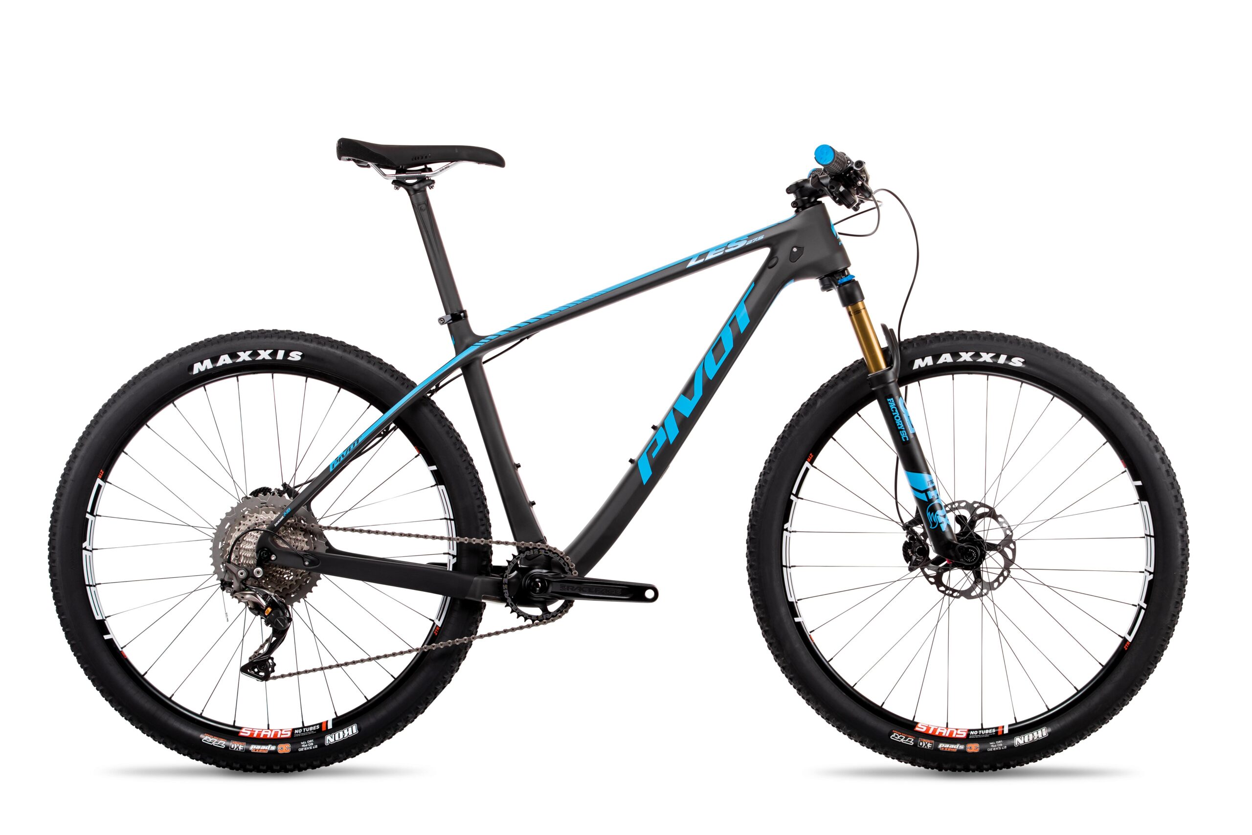 Pivot LES 27.5: A high-performance mountain bike featuring a sleek black and blue frame, designed for rugged terrains. The bike is equipped with Maxxis tires, a front suspension fork, and a Shimano drivetrain, showcasing its advanced engineering for durability and speed.