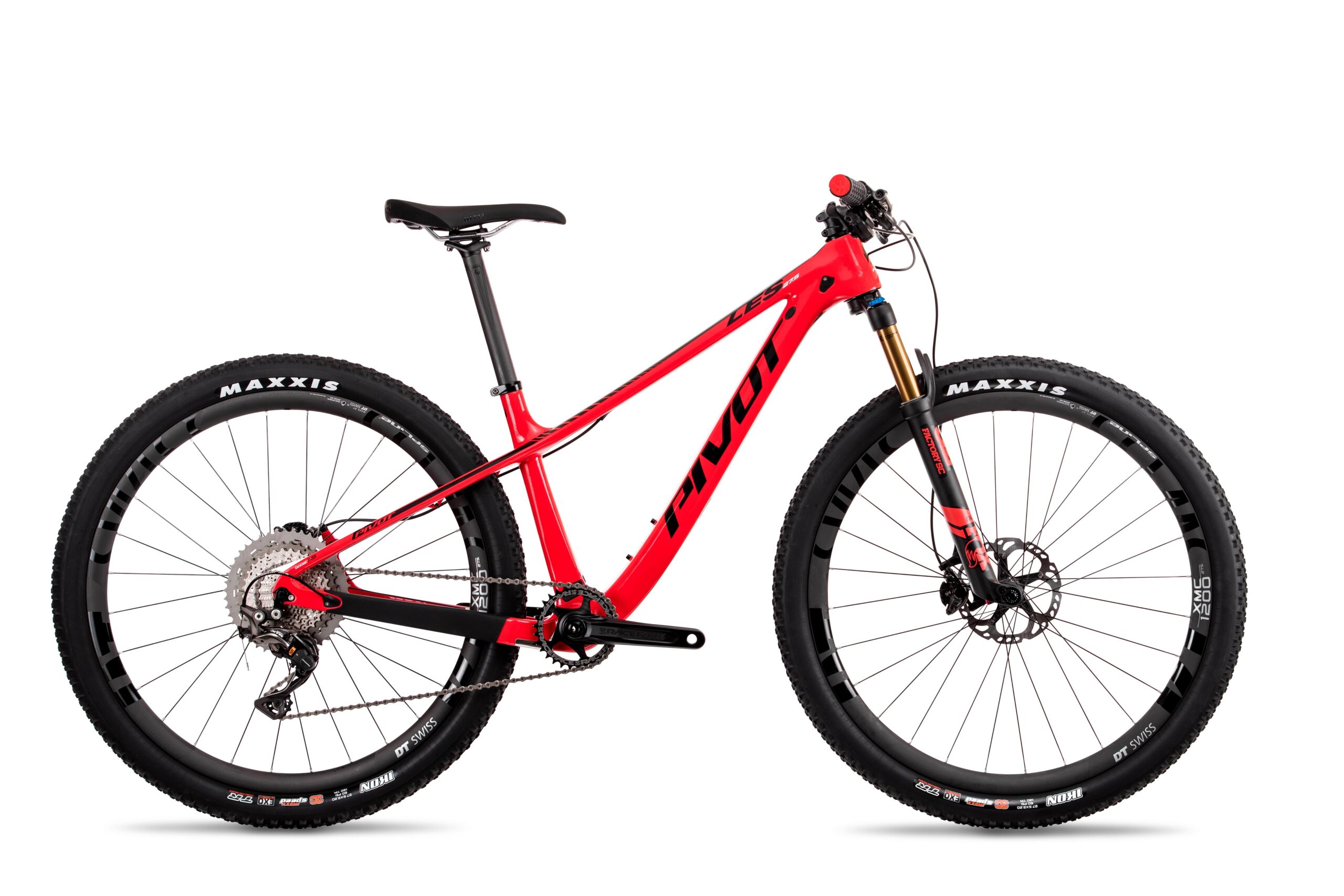 Pivot LES 27.5: A bright red Pivot mountain bike featuring a lightweight aluminum frame, front suspension, and Maxxis tires, positioned against a white background.