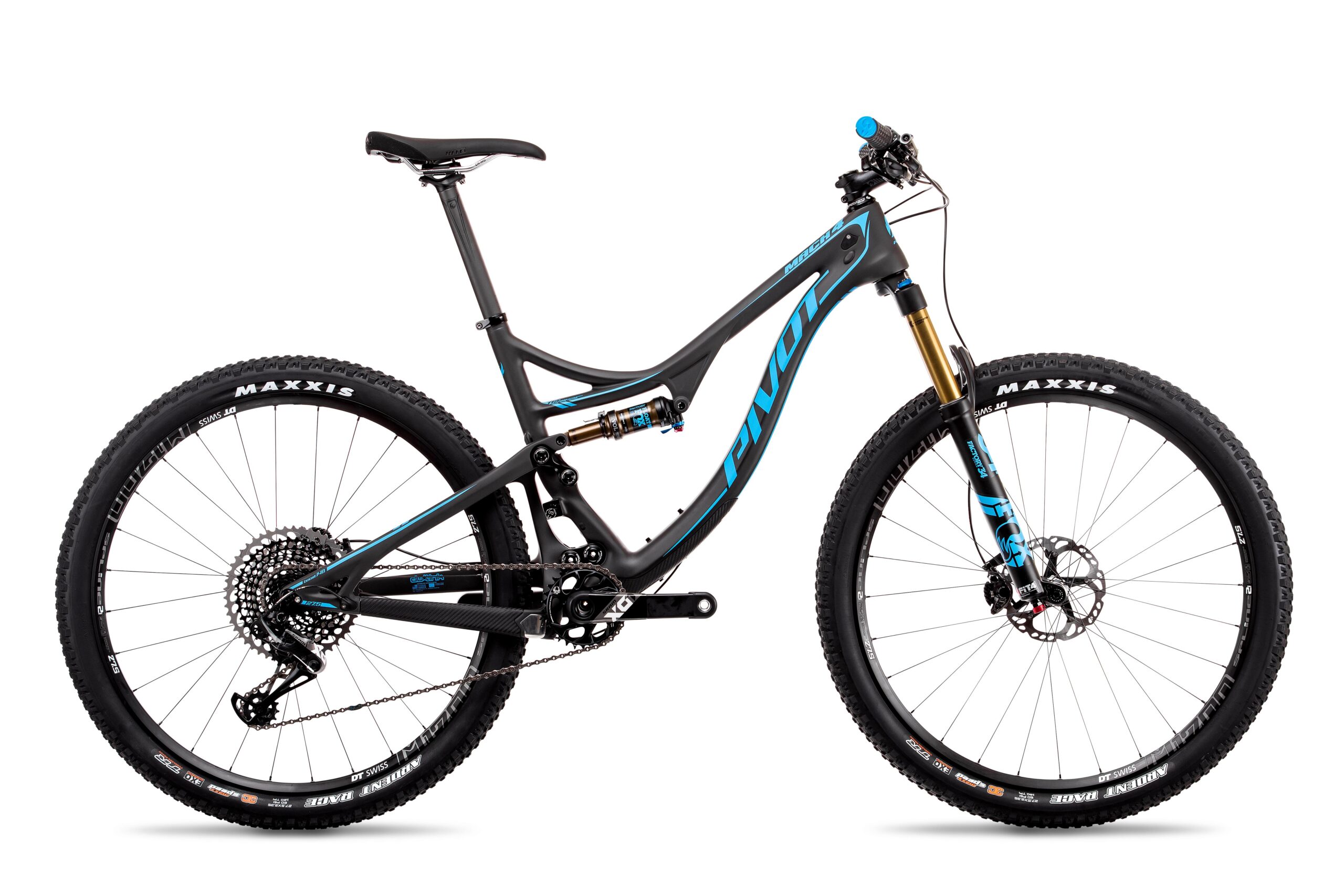 Pivot Mach 4: Mountain bike with a black and blue frame, featuring a dual suspension design, wide tires marked with "Maxxis," and a drivetrain visible on the rear. The bike showcases a modern geometric design suitable for rugged terrain.