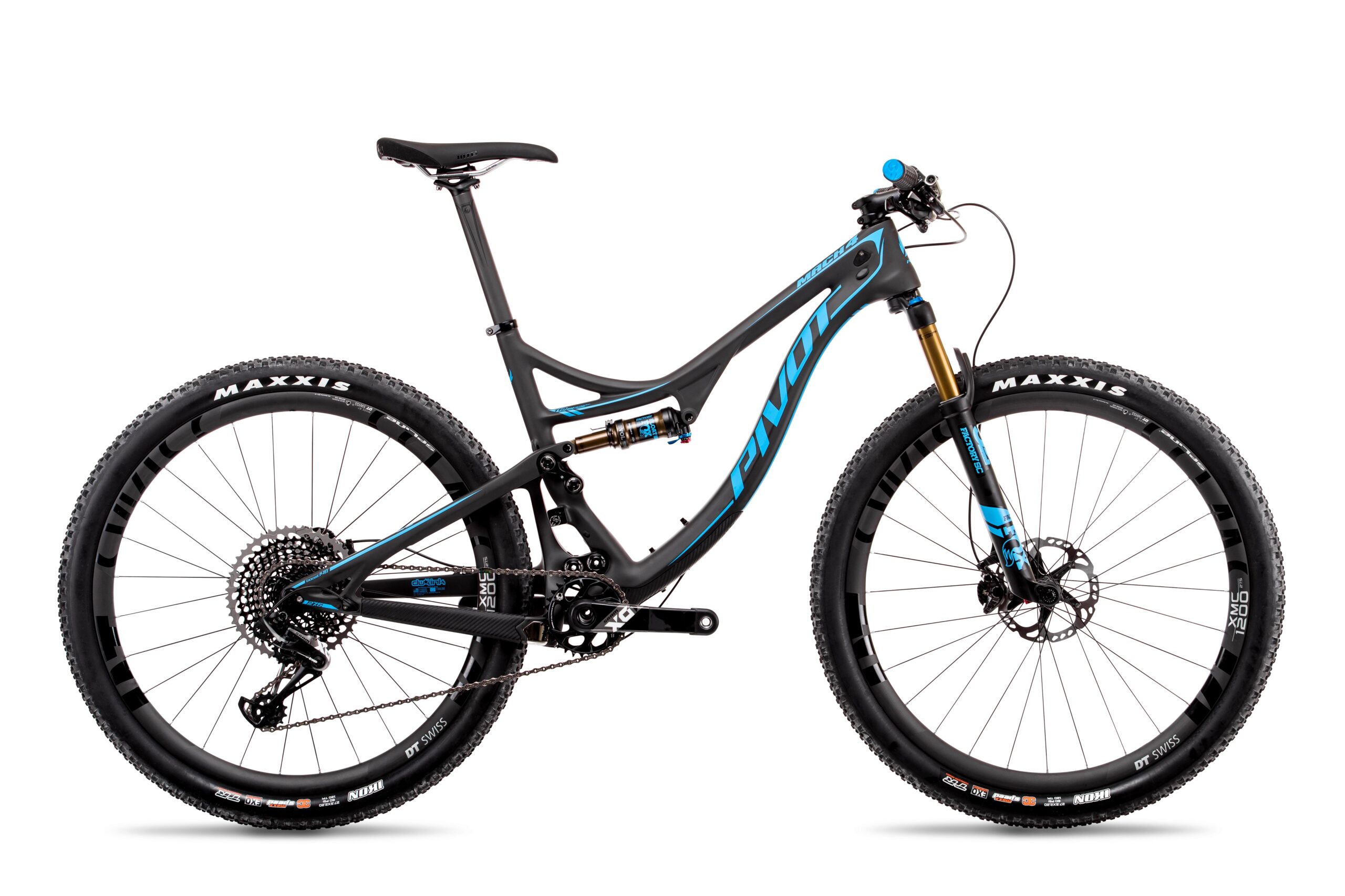 Pivot Mach 4: A black and blue mountain bike with a sleek design and a full suspension system. The bike features large, rugged tires labeled "MAXXIS," a prominent "Pivot" logo on the frame, and a high-quality drivetrain. The handlebars are equipped with a blue control knob, enhancing its modern mountain biking aesthetic.