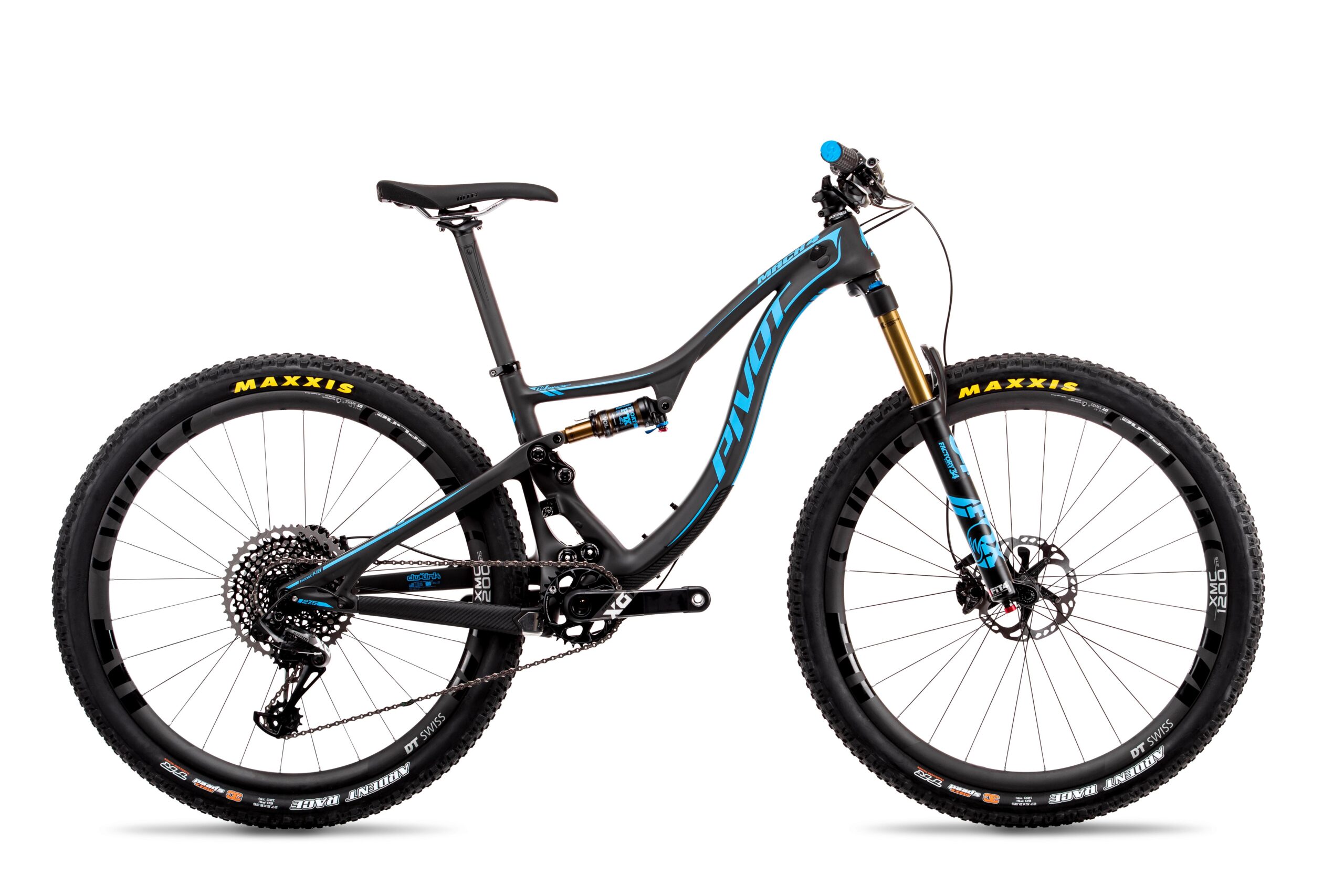 Pivot Mach 4: A black and blue mountain bike with a sleek frame design, featuring thick Maxxis tires and a front suspension fork. The bike is shown from the side against a white background, highlighting its components like the crankset, derailleur, and disc brakes.