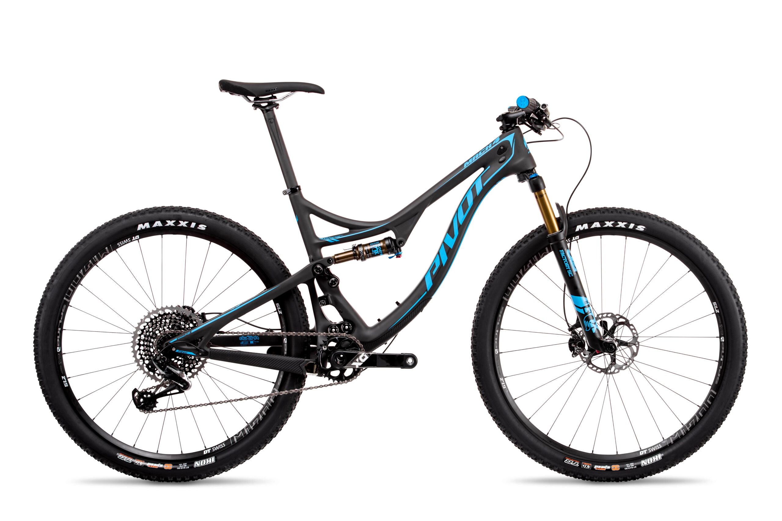 Pivot Mach 4: A modern mountain bike featuring a sleek black frame with blue accents, equipped with dual suspension and high-quality components. The bike is positioned on a white background, highlighting its detailed design, including the Maxxis tires and a precision gear system.
