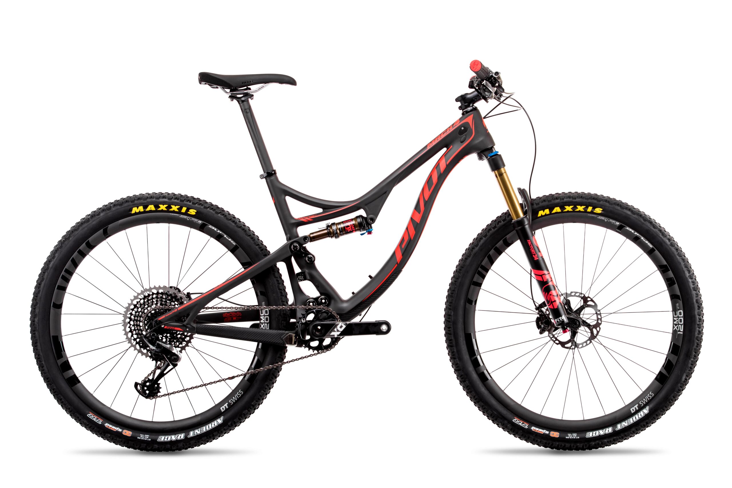 Pivot Mach 4: A high-performance mountain bike with a sleek black and red frame, equipped with Maxxis tires and advanced suspension components, showcased against a white background.