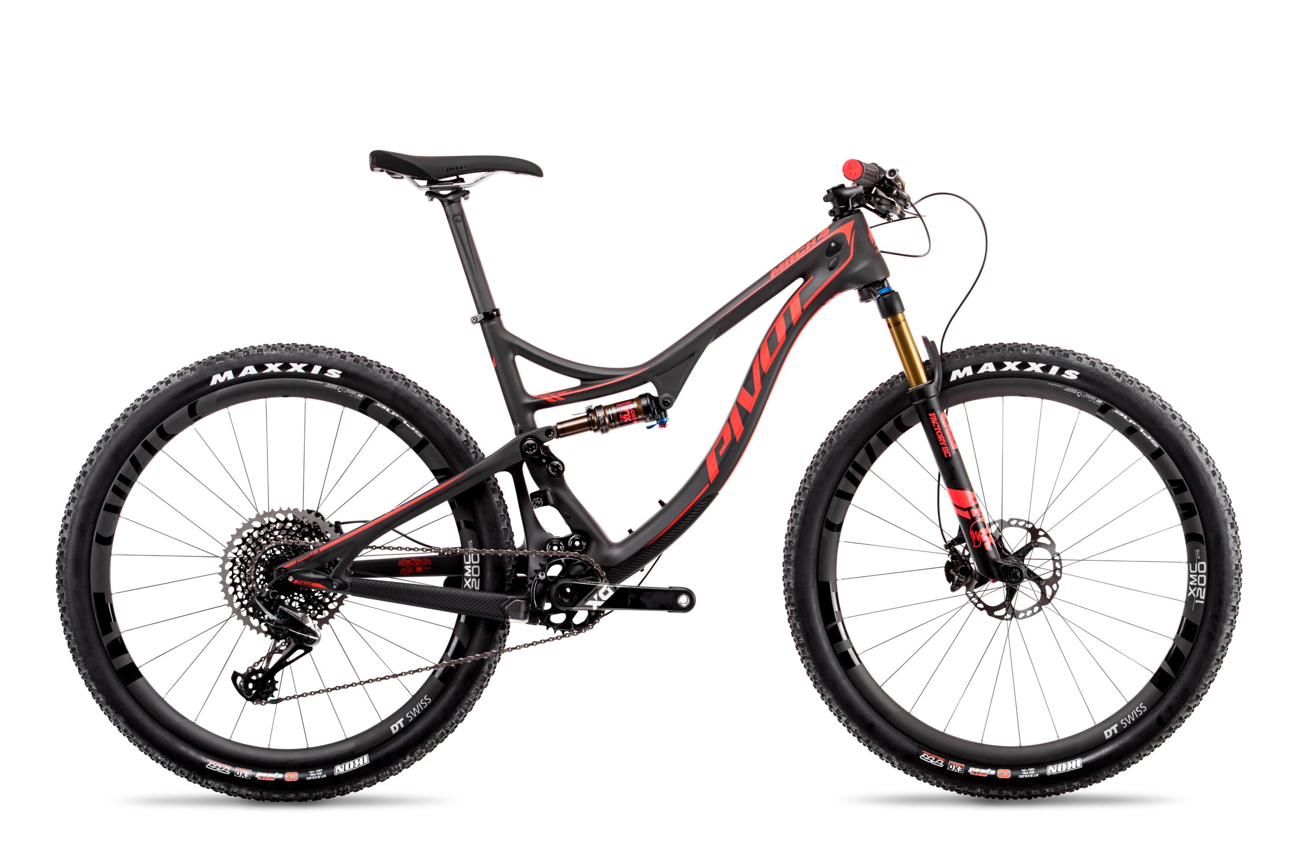 Pivot Mach 4: A modern mountain bike with a sleek black and red frame, featuring a full-suspension design. The bike has large, knobby tires labeled "Maxxis," a high-end rear derailleur, and a carbon fiber construction, showcasing advanced engineering for optimal performance on rugged trails. It is presented against a clean white background.