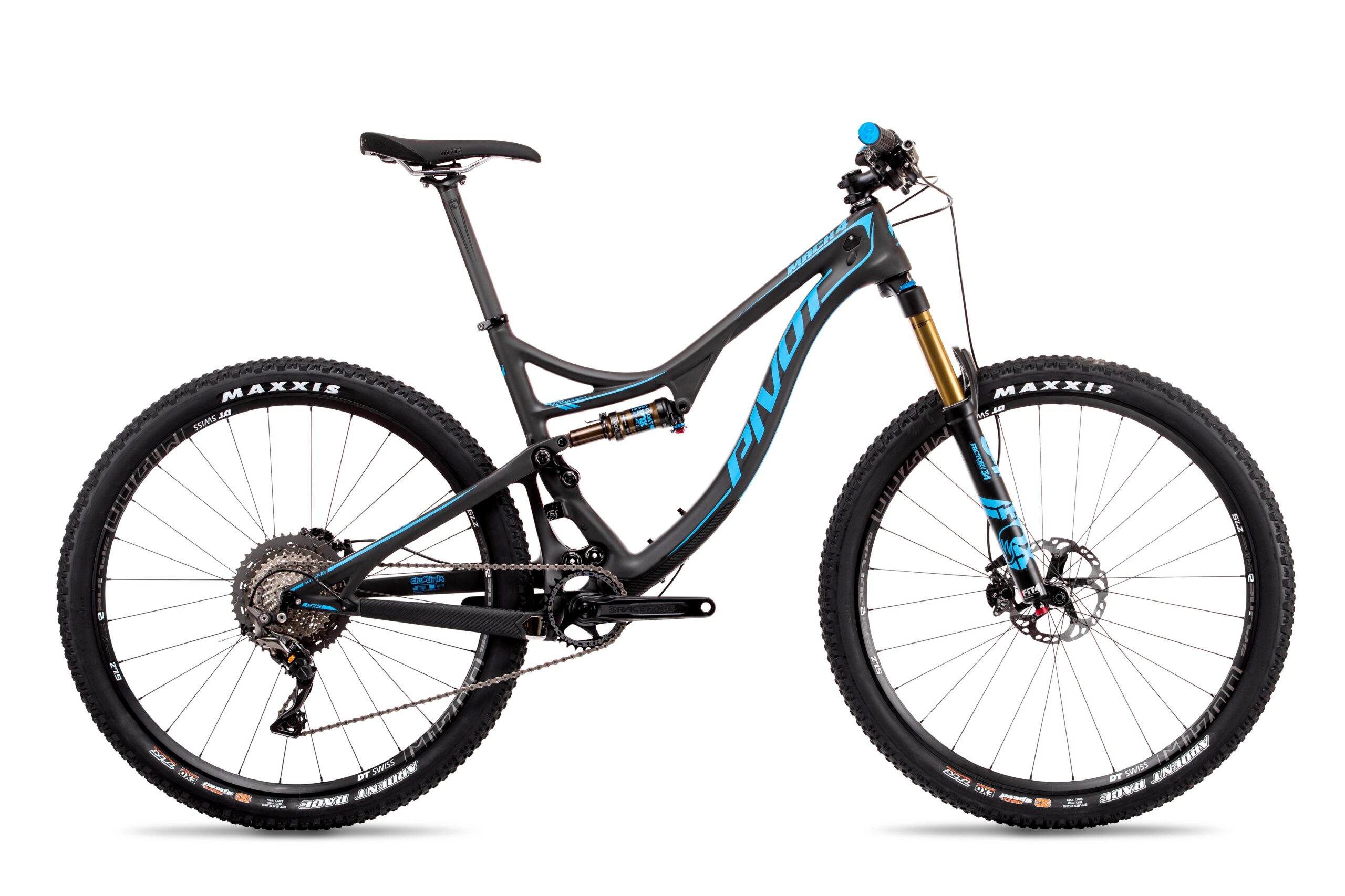 Pivot Mach 4: A sleek mountain bike with a black and blue frame, featuring a full suspension system, Maxxis tires, and a prominent Pivot logo. The bike is shown from the side, showcasing its detailed components, including a disc brake and gear system. The background is plain white to emphasize the bike's features.