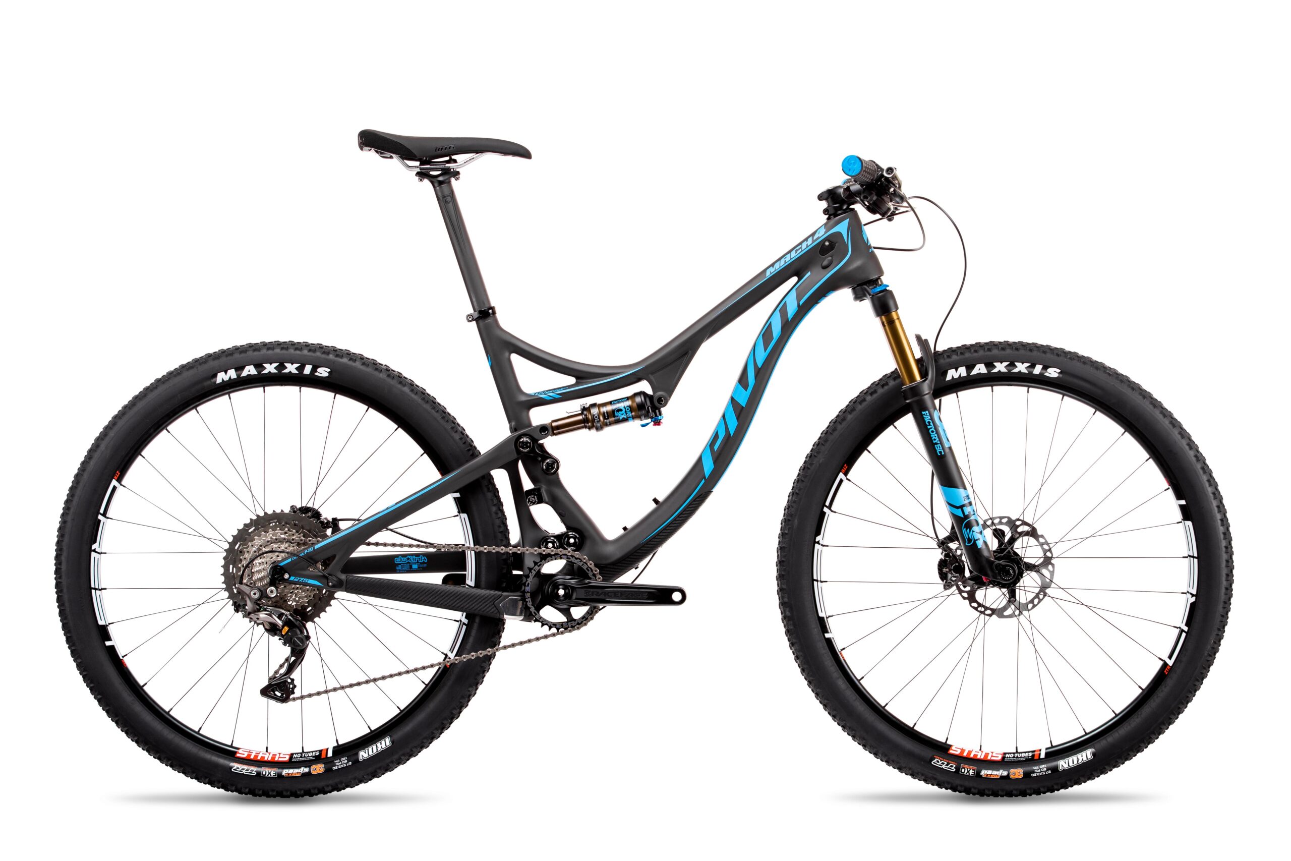 Pivot Mach 4: Alt text: A modern mountain bike with a black and blue frame, featuring dual suspension, wide tires, and disc brakes, positioned against a plain white background.