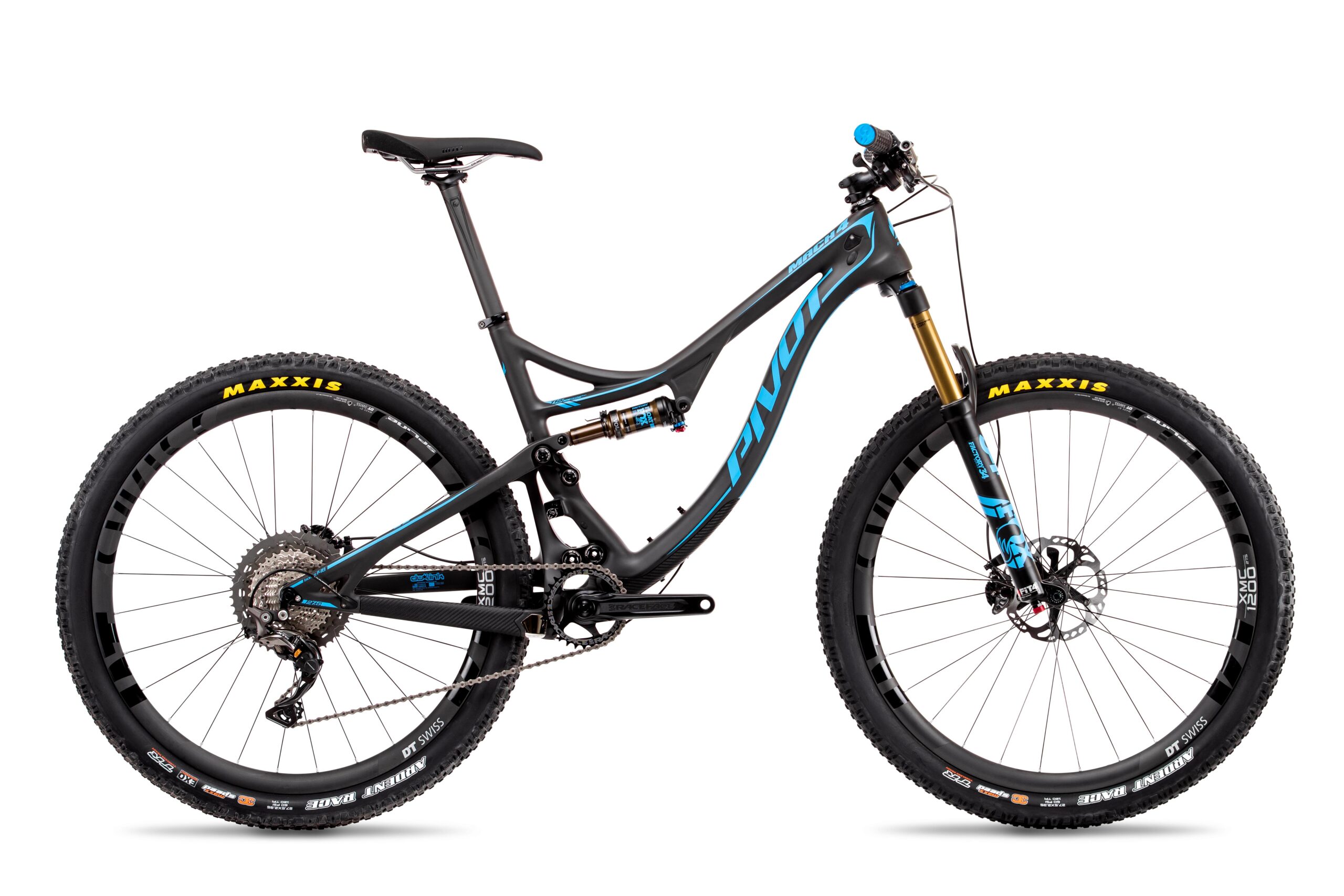 Pivot Mach 4: A black and blue mountain bike featuring a lightweight carbon frame, front suspension forks, and Maxxis tires. The bike is shown at a slight angle, highlighting its sleek design and components.