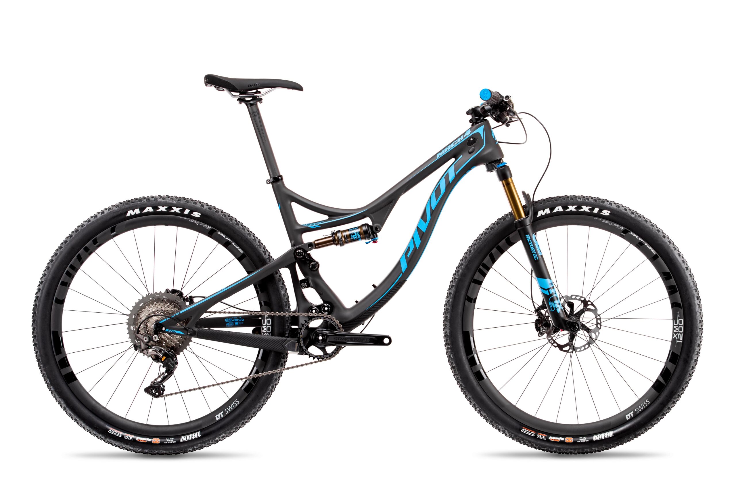 Pivot Mach 4: A high-performance mountain bike featuring a sleek black frame with blue accents. It has large, knobby tires designed for off-road terrain, a suspension system for improved ride comfort, and a modern design suitable for trail riding. The bike is displayed against a plain white background.