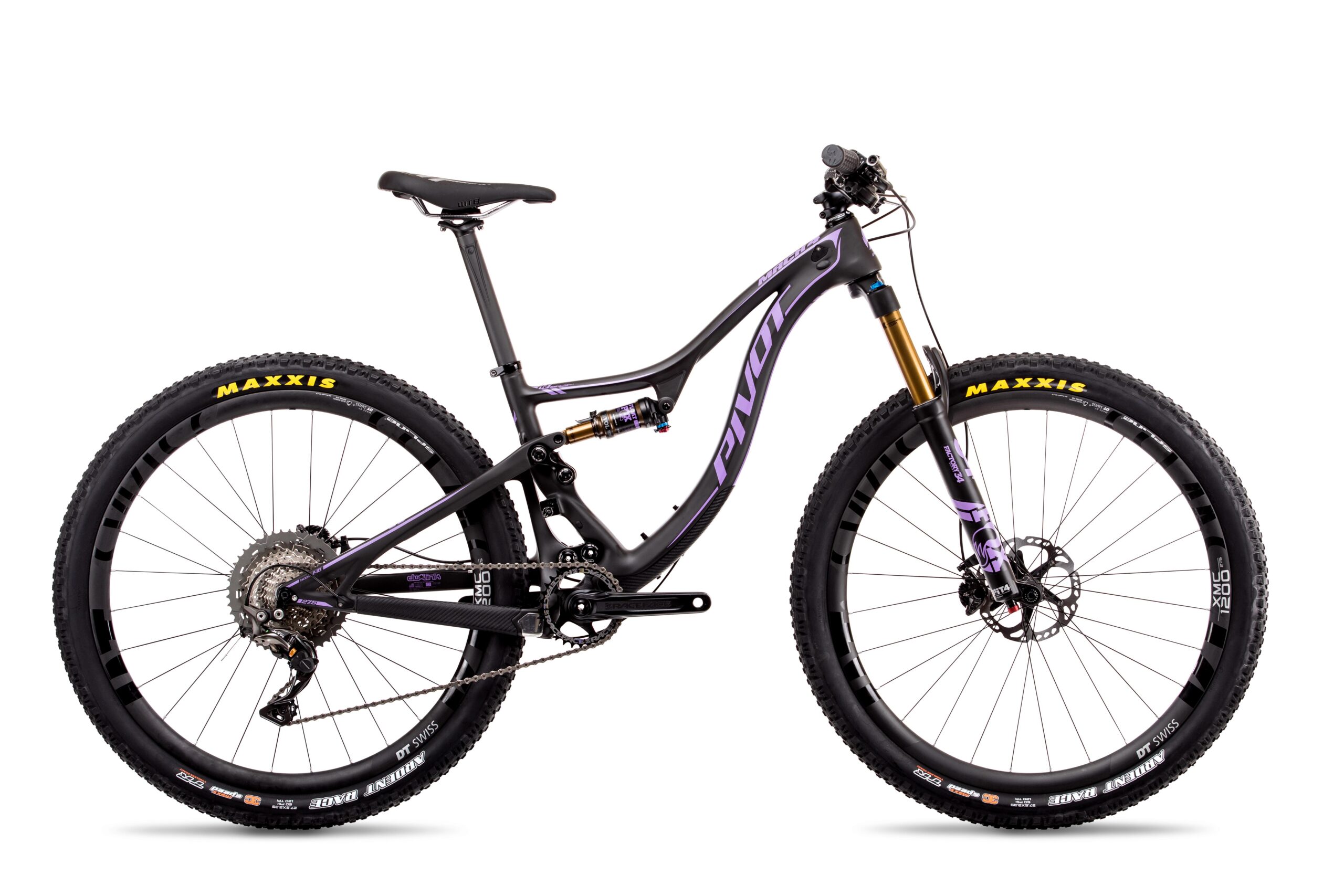 Pivot Mach 4: A high-performance mountain bike with a sleek black and purple frame, featuring a front suspension fork, wide tires, and modern components. The bike is shown side-on against a white background, highlighting its design and details like the Pivot logo and Maxxis tires.