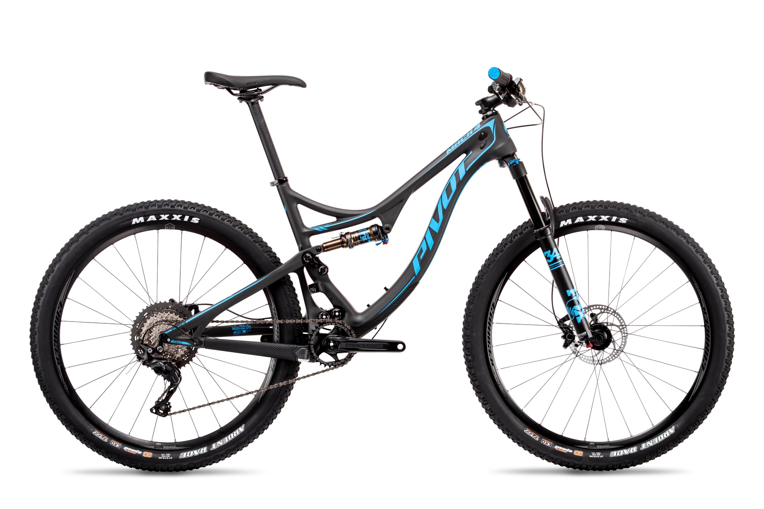 Pivot Mach 4: A modern mountain bike with a sleek black frame and blue accents, featuring wide tires and a sturdy suspension system. The bike is positioned against a plain white background, showcasing its design elements such as the drivetrain, handlebars, and logos.