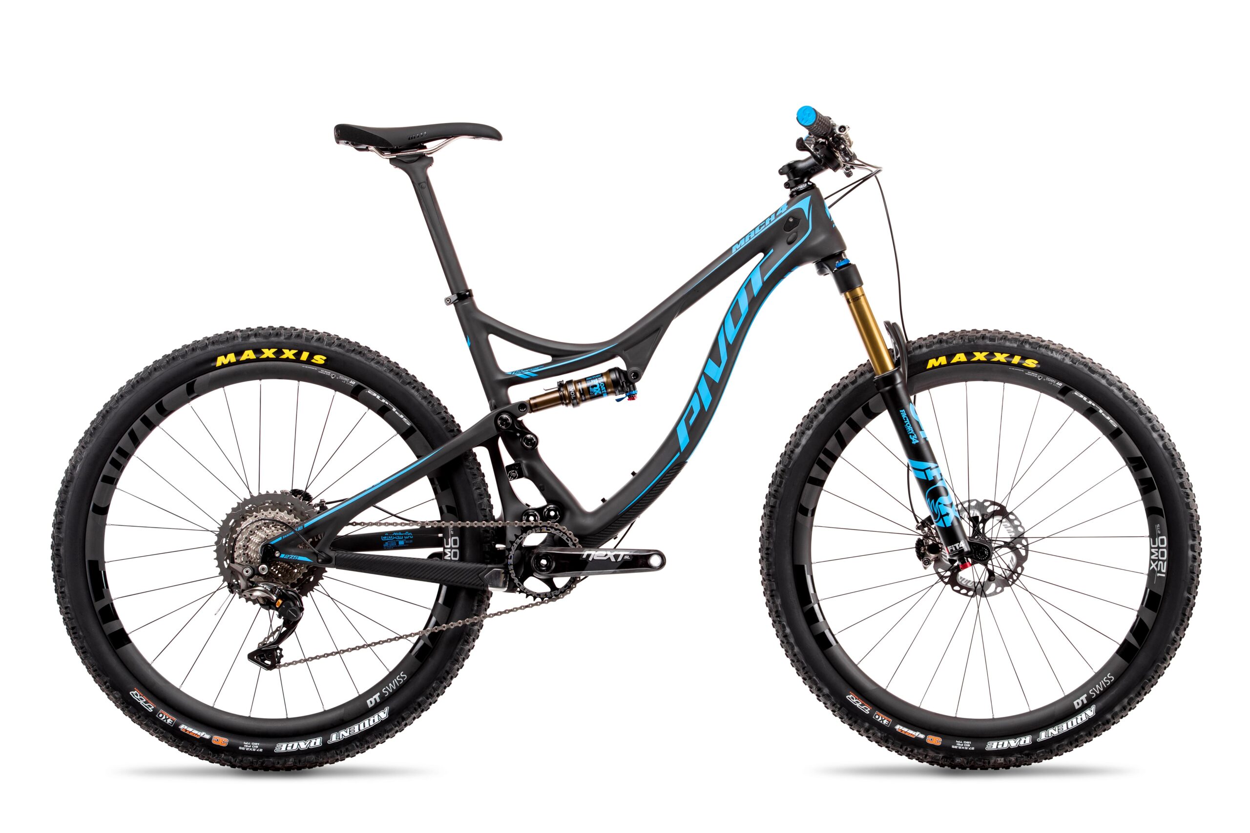 Pivot Mach 4: A modern mountain bike with a sleek black and blue frame, featuring a dual suspension system, knobby tires, and a prominent "Pivot" logo. The bike is equipped with high-end components, including a gold-colored front fork and disc brakes, set against a white background for a clean presentation.