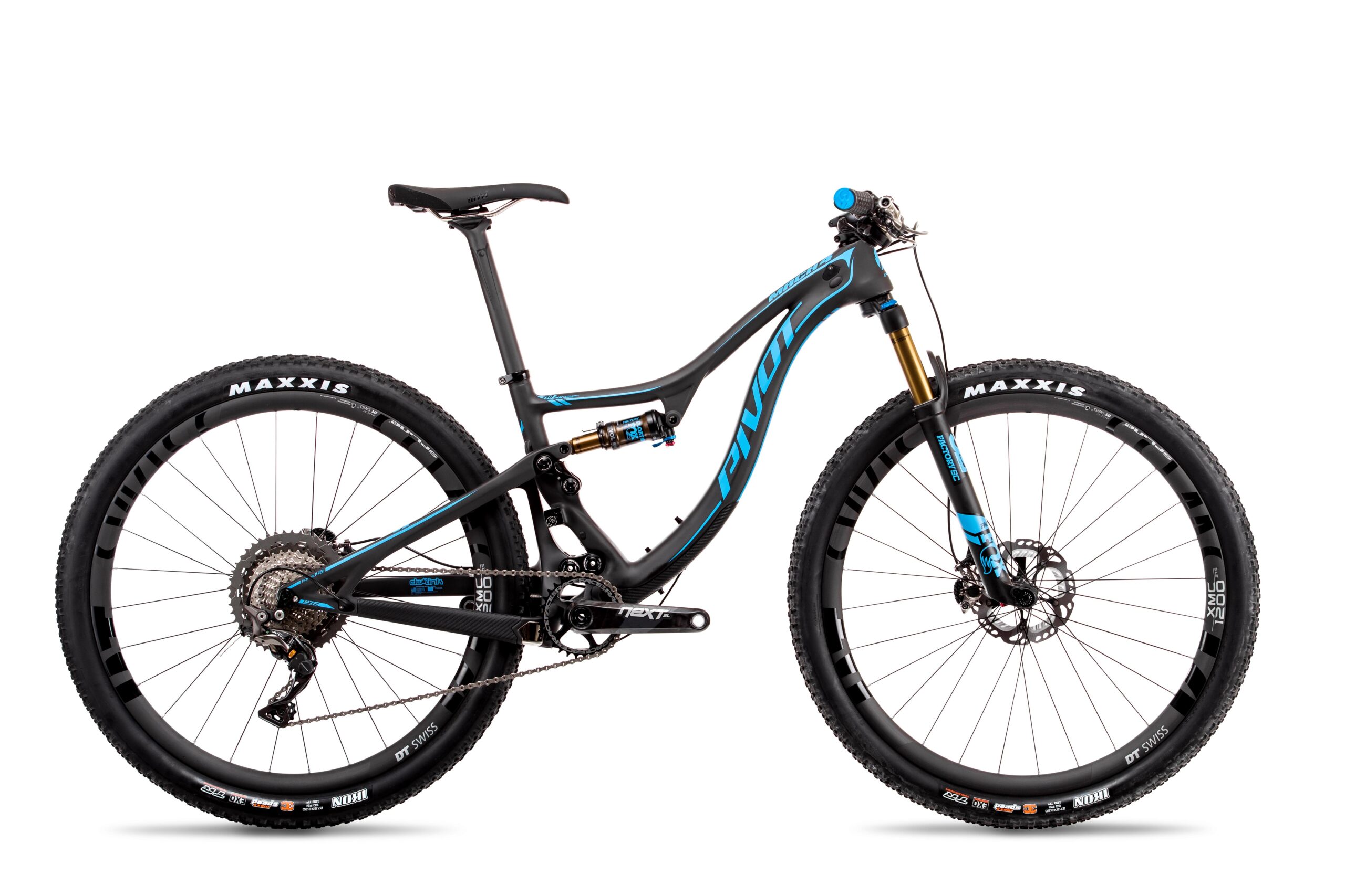 Pivot Mach 4: A modern mountain bike featuring a sleek black and blue frame, prominent suspension components, and wide tires designed for off-road terrain. The bike is showcased against a plain white background, highlighting its design and technical features.