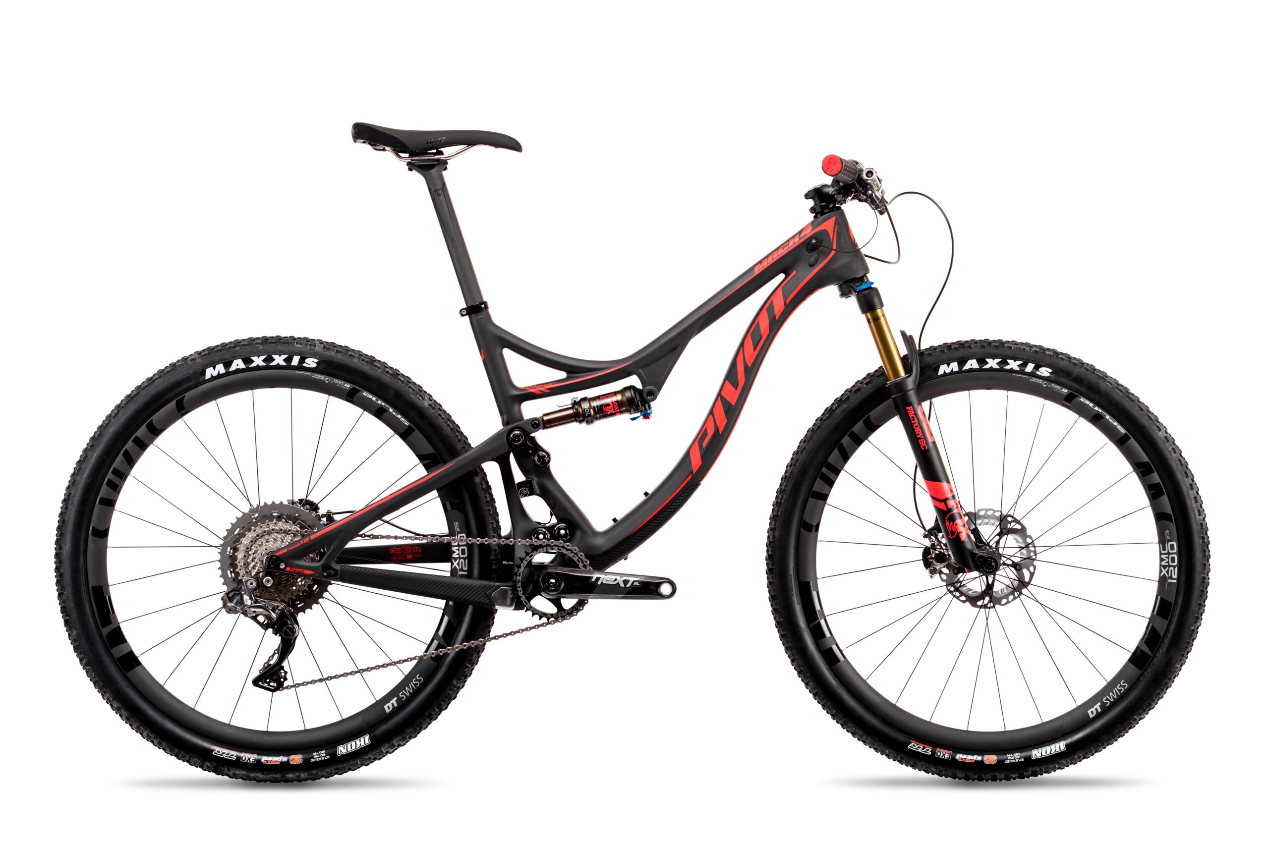 Pivot Mach 4: A detailed image of a black and red mountain bike featuring a lightweight frame, adjustable fork, and high-traction tires. The bike is equipped with disc brakes, a rear derailleur, and double chainrings, ideal for off-road and trail riding.