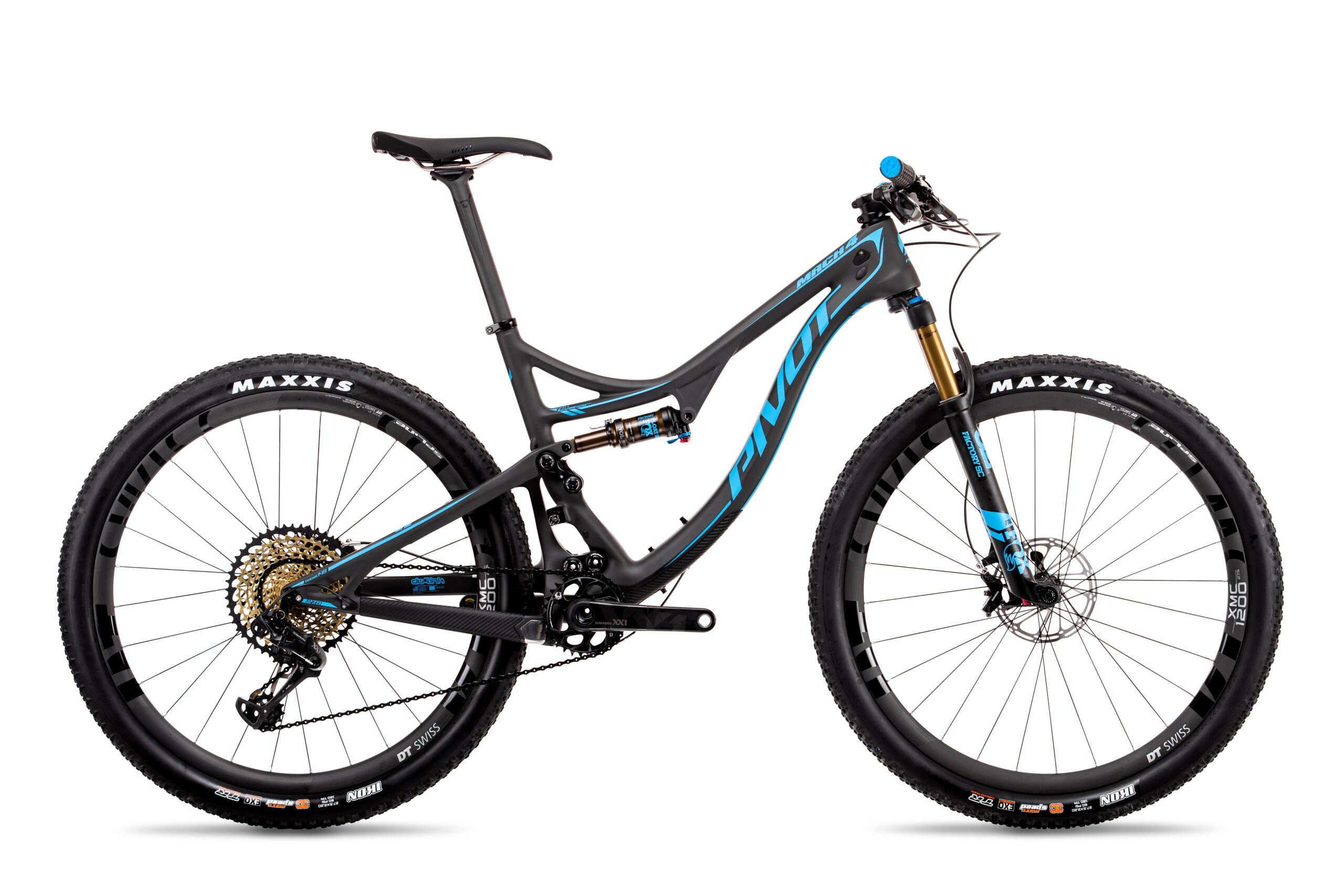 Pivot Mach 4: A high-quality mountain bike featuring a sleek black and blue design, with prominent Maxxis tires, a lightweight frame, and advanced suspension components. The bike is positioned against a white background, showcasing its modern features and detailed craftsmanship.