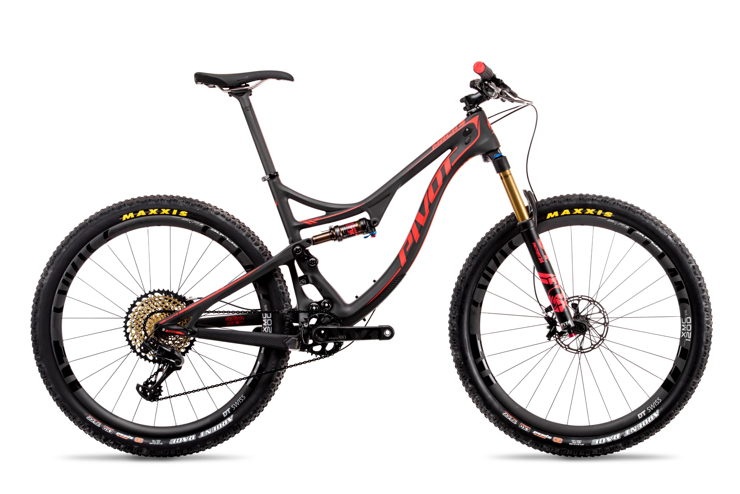 Pivot Mach 4: A high-quality mountain bike with a sleek black and red frame, featuring prominent suspension components, a dropper seat post, and rugged tires designed for off-road terrain. The bike is set against a plain white background, emphasizing its detailed design and components.