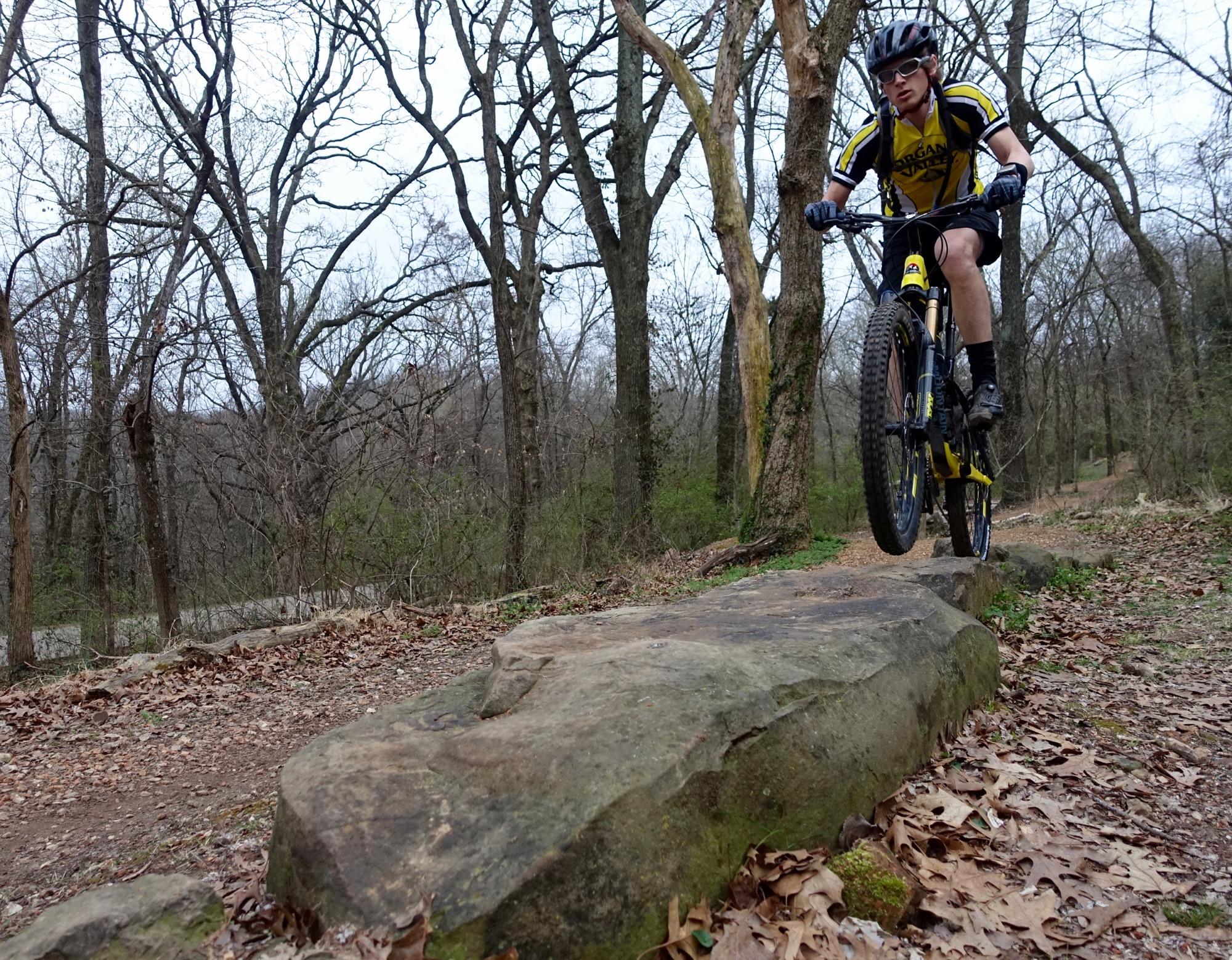 A mountain biker performs a jump over a large rock on a wooded trail, surrounded by bare trees and fallen leaves, showcasing a dynamic action shot in nature. Slaughter Pen Trail mountain bike trail.