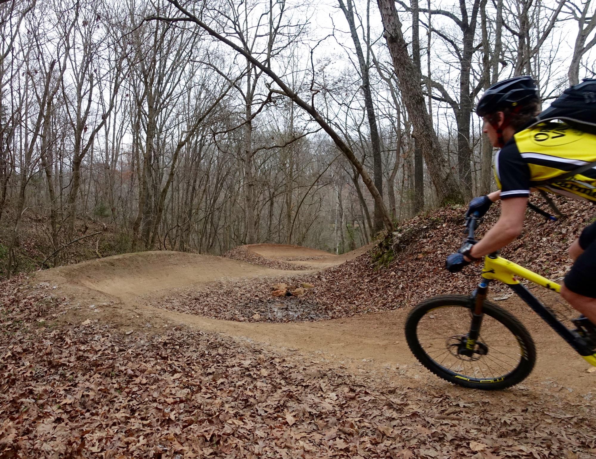 A mountain biker in a yellow and black jersey rides along a winding dirt trail surrounded by leafless trees and fallen leaves. The path curves to the right, showcasing the natural terrain of a wooded area during a cloudy day. Slaughter Pen Trail mountain bike trail.