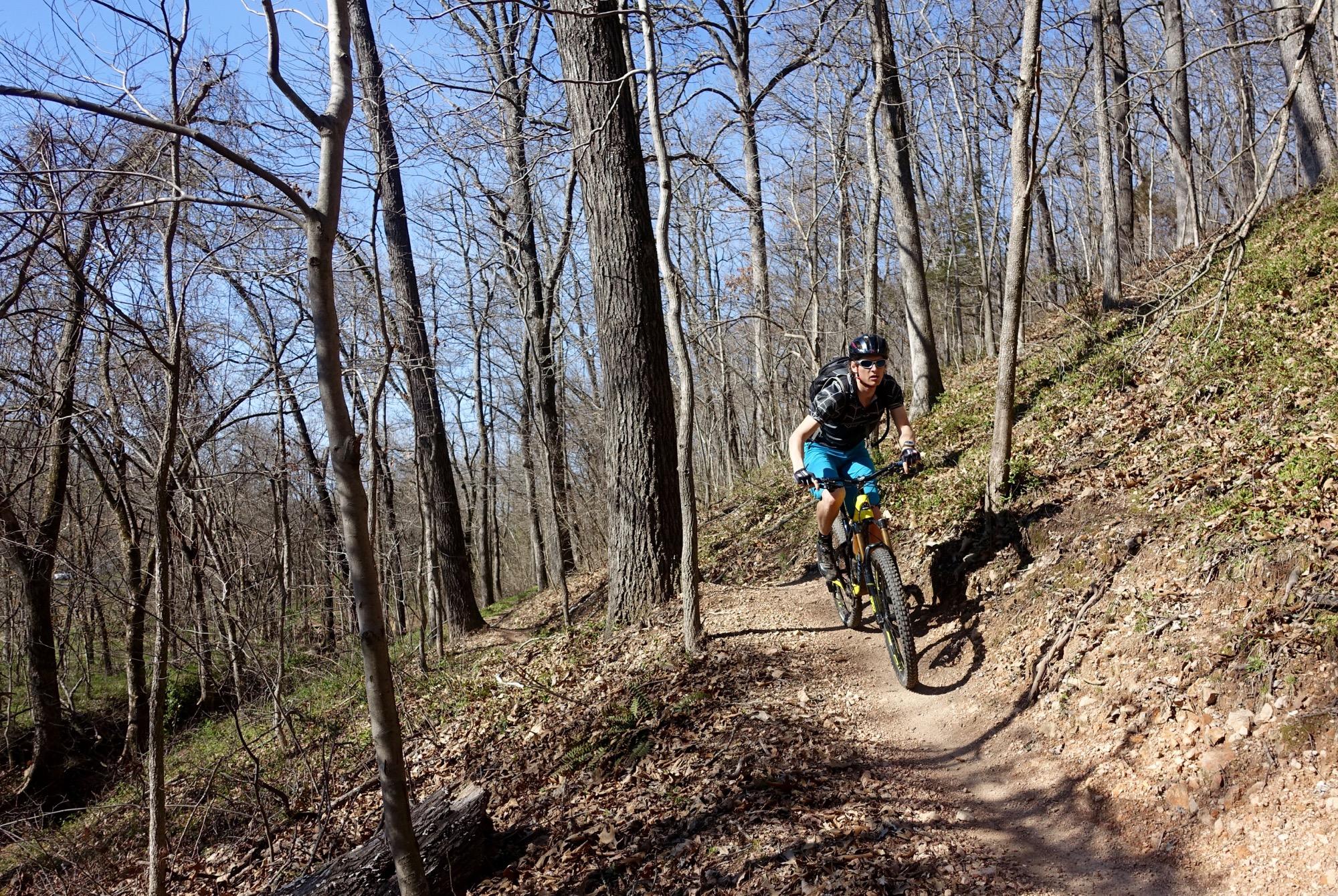 A mountain biker riding on a dirt trail in a wooded area during daytime. The scene features tall, bare trees, and a few green patches on the ground, indicating early spring. The biker wears a helmet and a backpack, and is dressed in a black shirt and blue shorts as he navigates the winding path. The sky is clear and blue, providing a bright backdrop to the outdoor setting. Back 40 mountain bike trail.