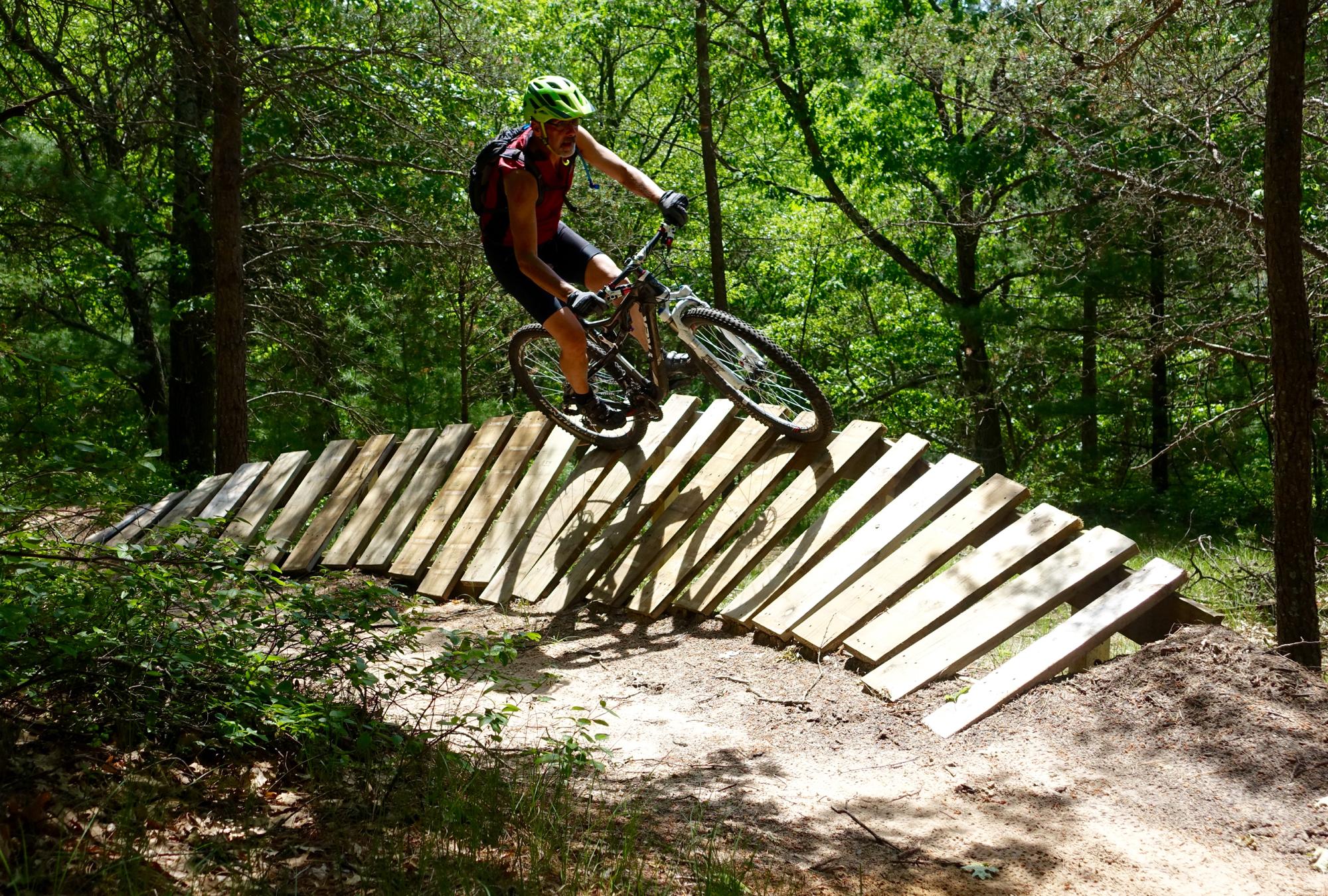 A mountain biker navigating a wooden ramp on a forested trail, surrounded by lush greenery and sunlight filtering through the trees. The biker is wearing a helmet and riding posture is dynamic, with one wheel elevated off the ramp. Levis Mounds mountain bike trail.