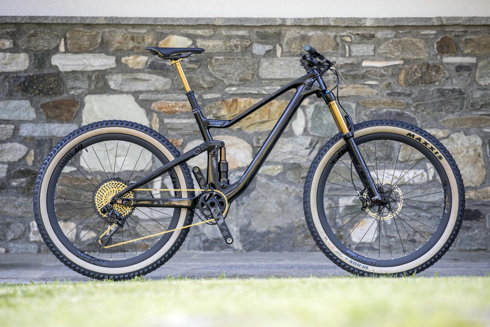 Scott Genius: A black and gold mountain bike leaning against a stone wall, showcasing its sleek design and high-end components. The bike features wide tires, a prominent suspension system, and a gold chain, with a backdrop of grass and stone.