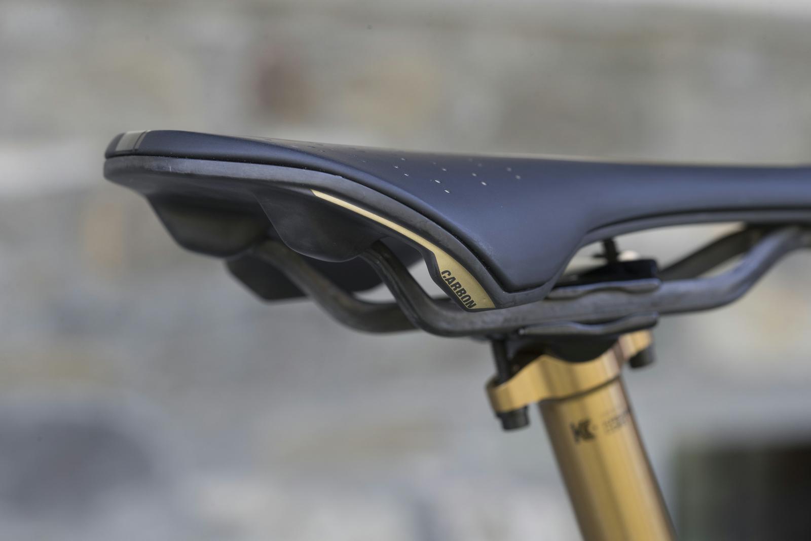Scott Genius: Close-up view of a bicycle saddle attached to a gold-colored seat post, showcasing a sleek black design with a carbon fiber label and distinct contours for ergonomic support. The background features a muted stone wall.